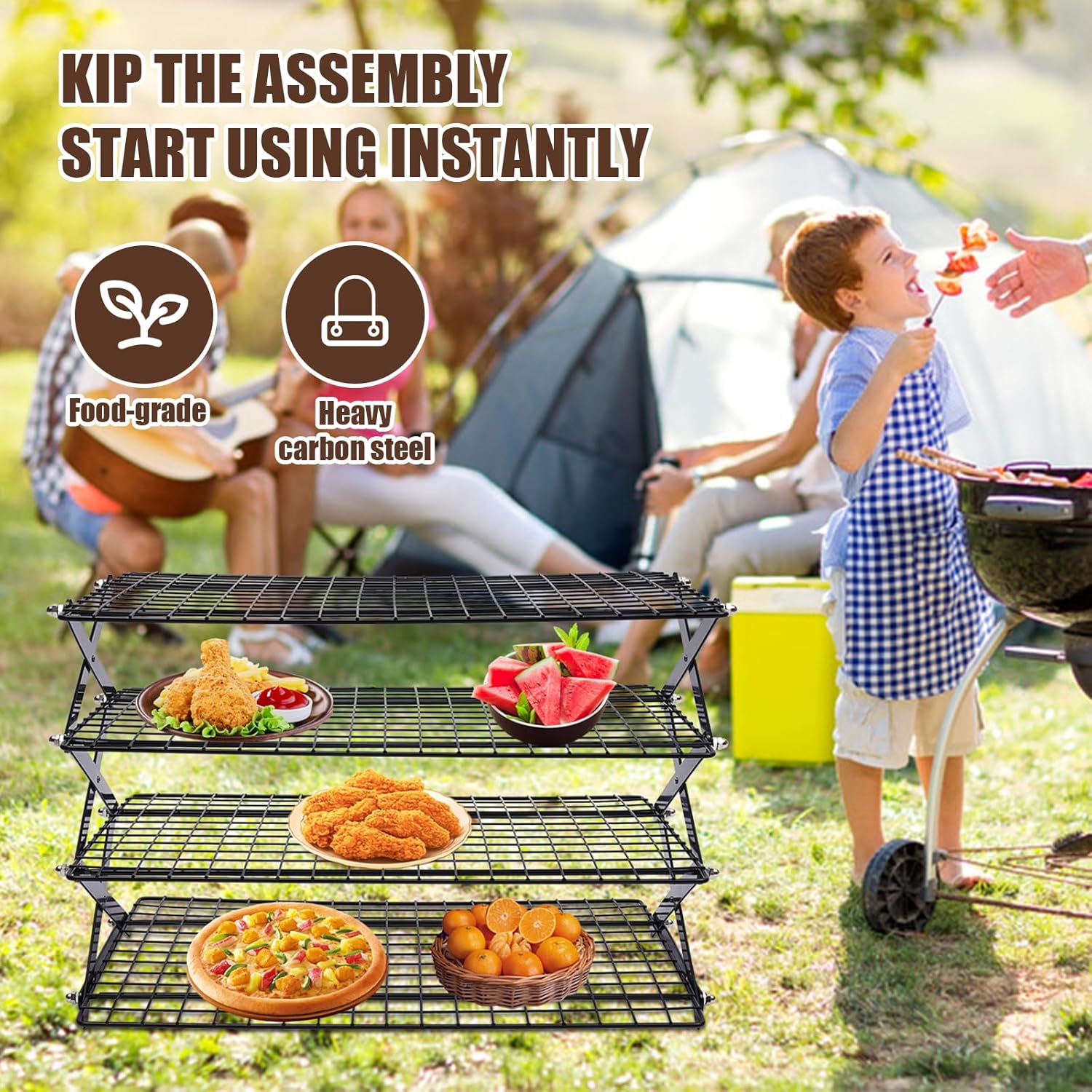 4-Tier Collapsible Cooling Rack – 16" x 10" Adjustable Stackable Non-Stick Wire Rack for Baking, Roasting, Cookies, Cakes, Drying, Picnic & BBQ, Each Tier Holds 22 Lbs