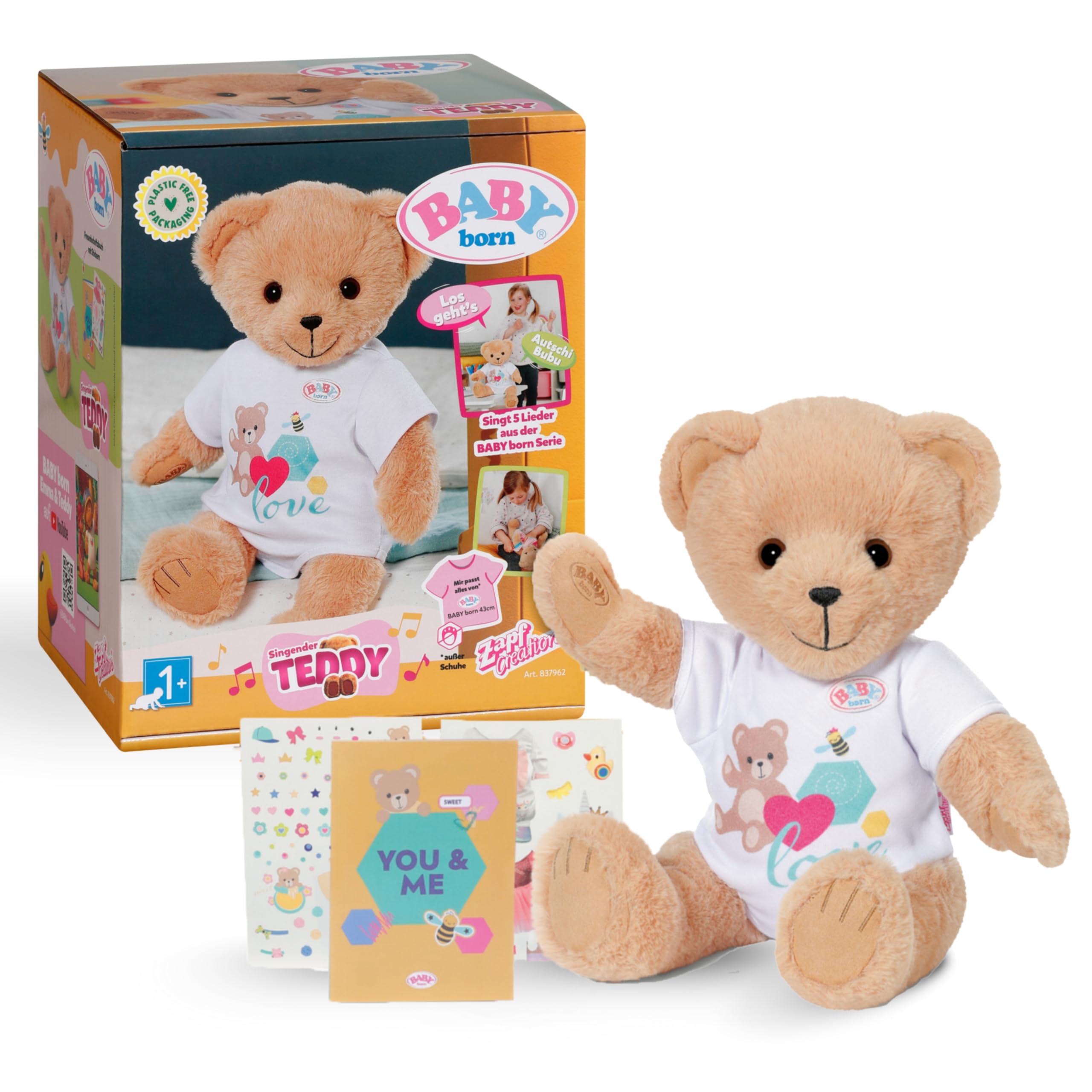 BABY born Singing Teddy - Plush Bear with Sound Function & white romper - Movable arms & legs - Suitable for children from 18 months - sings 5 German songs from the series