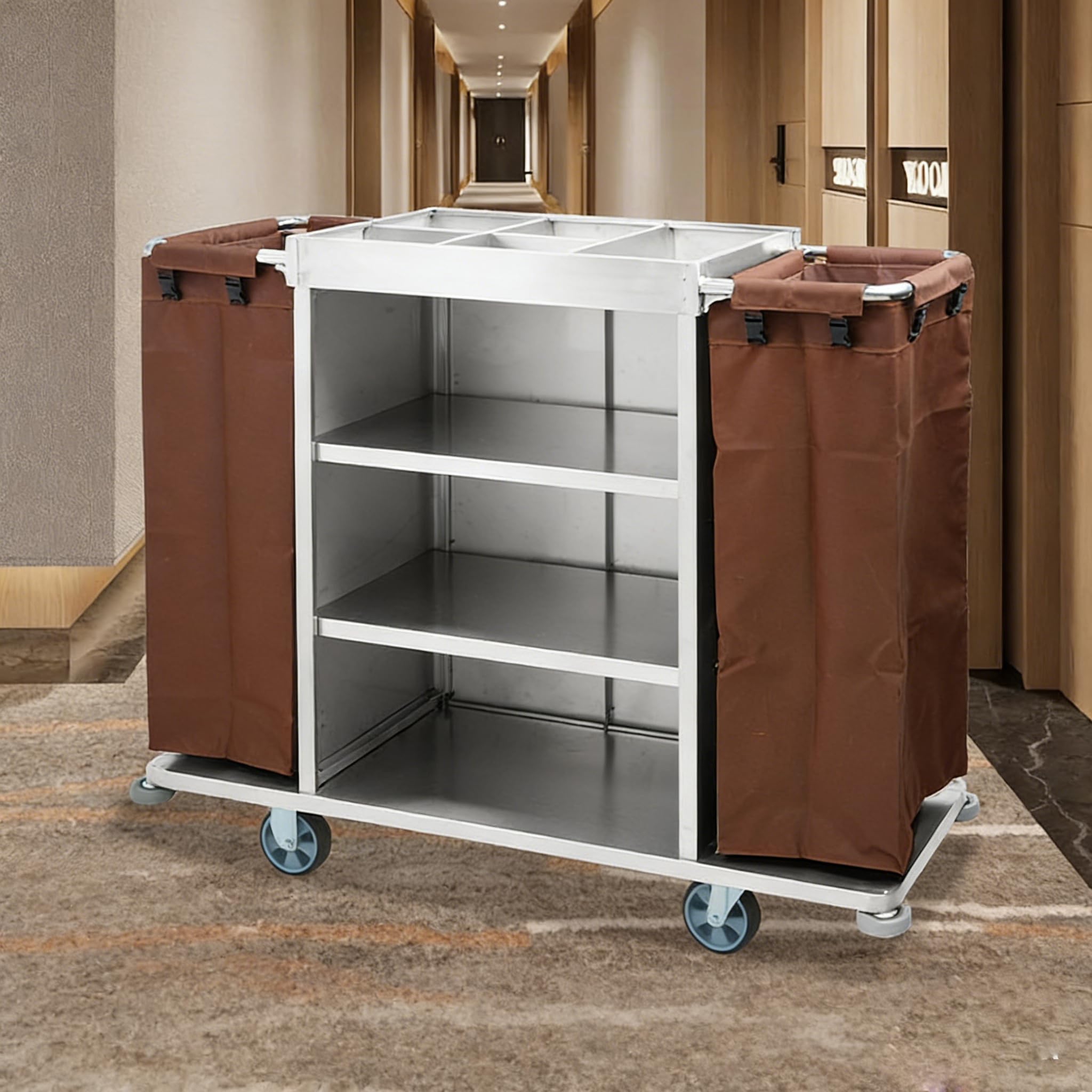 Carrito de limpieza profesional multifuncional con separadores de almacenamiento y bolsas impermeables para limpieza de hoteles y edificios, diseño de acero inoxidable