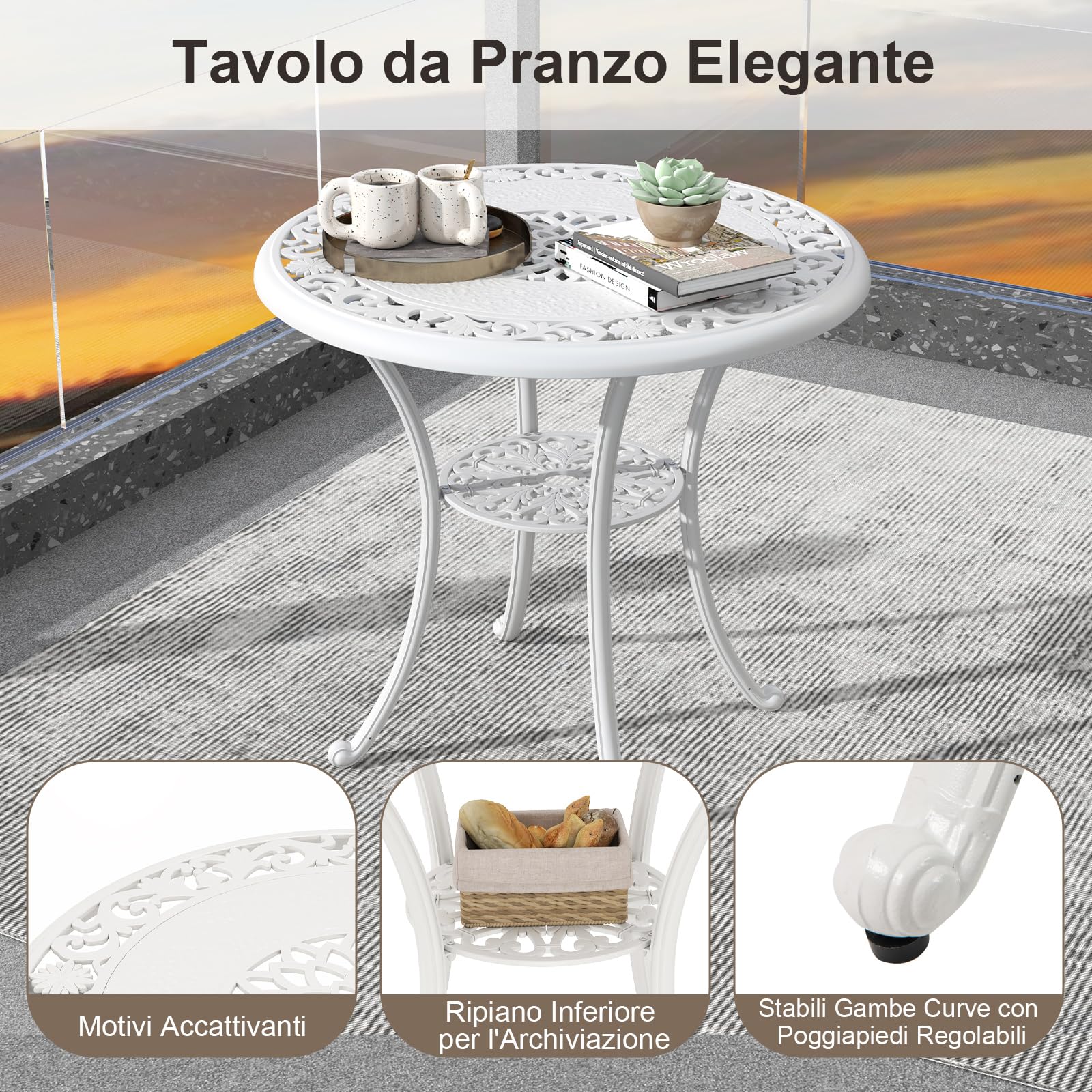 COSTWAY Set Tavolo e Sedie da Giardino, Set da Bistro 5 Pezzi con Foro per Ombrello, Tavolo da Pranzo e 4 Sedie, Arredamento da Giardino in Alluminio, per Giardino e Balcone, Bianco (Modello 2)