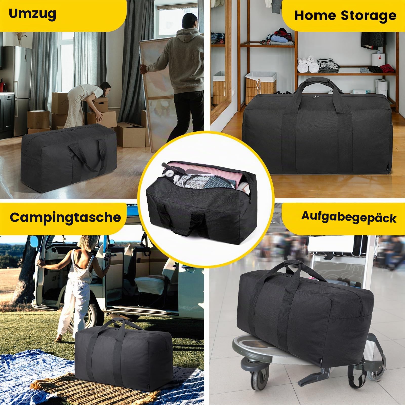 Vorspack Extra Große Reisetasche für Herren Damen - 100L Leichte Faltbare Reisetasche Wasserdicht Reisetaschen Aufbewahrungstasche für Reisen Weekender Camping Übernachtung - Schwarz