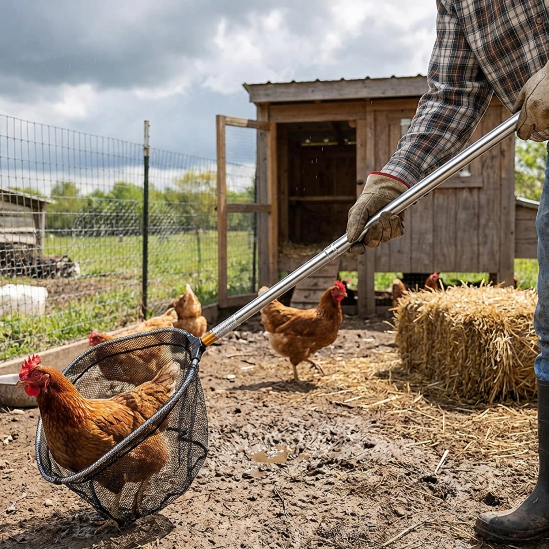 Red para atrapar pollos, red para atrapar pollos, receptor telescópico con extensión de tubo de acero inoxidable, gancho para aves de corral para pájaros, perros y animales pequeños