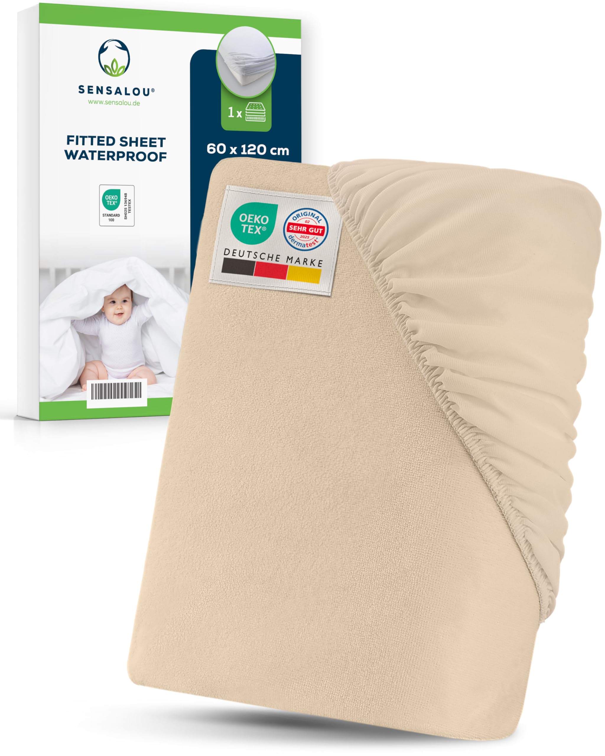 Sensalou Waterproof Fitted Sheet 60 x 120 cm Beige – Waterproof Mattress Protector with Soft Terry Cloth Surface for Cot and Baby Bed – Breathable Silent Mattress Cover Oeko-Tex Dermatest Certified