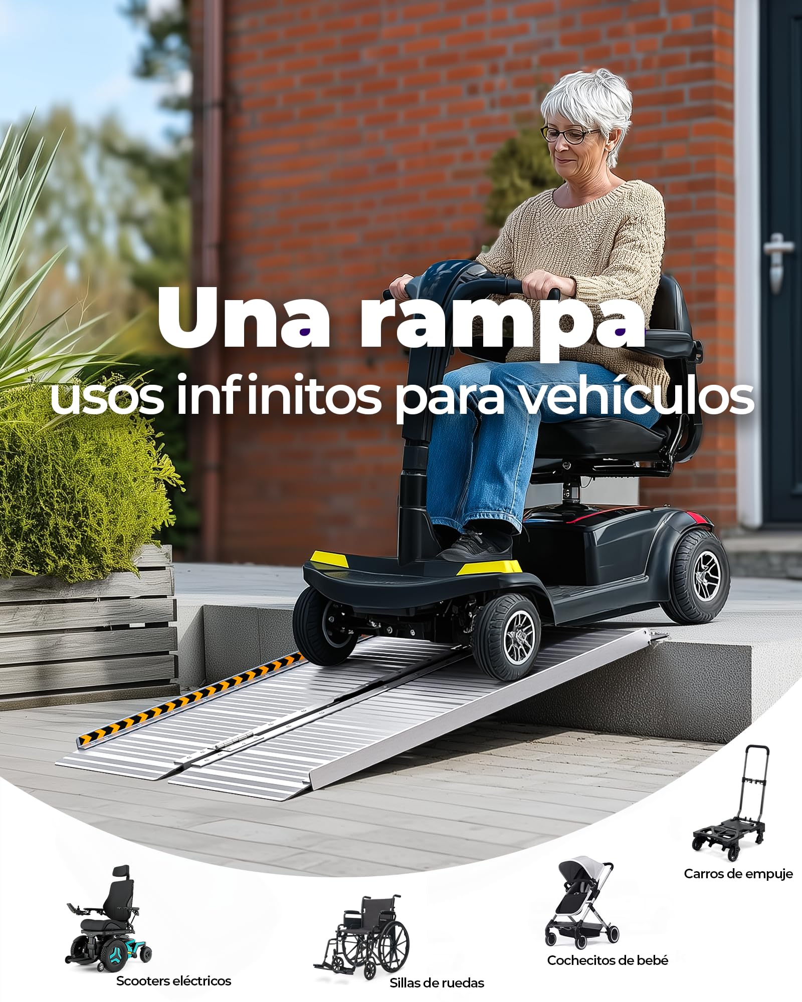 FACHNUO Rampa para Sillas de Ruedas Plegable 122CM Rampa de Umbral, Capacidad 362KG, Antideslizante Extra Ancha 74cm - Rampa de Aluminio Portátil para Escaleras, Peldaños, Puertas, Entradas