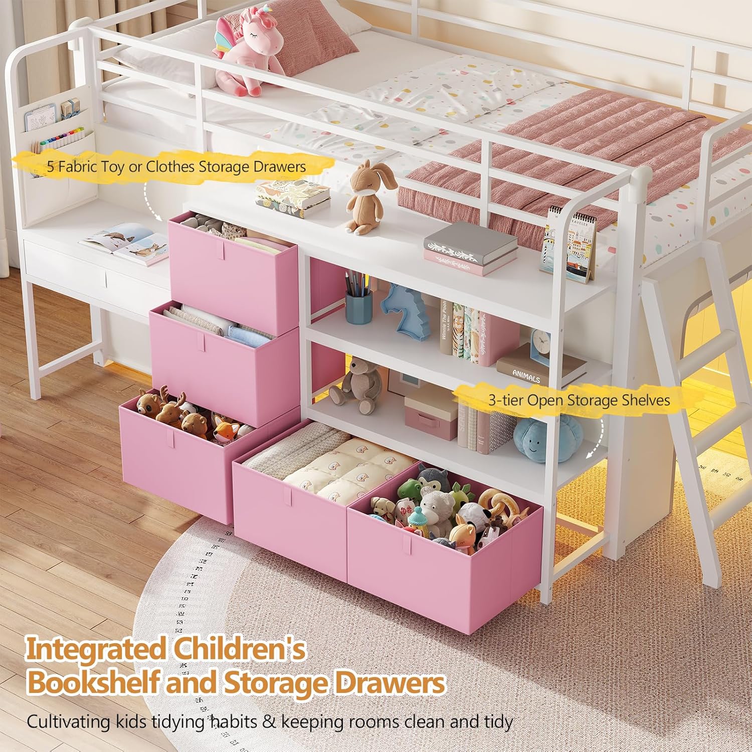 DICTAC Low Loft Bed with Desk and 6 Storage Drawers Twin Loft Bed with Bookshelf,LED Lights & Under-Bed Play Space,Kids Twin Beds with 13.8''H Safety Guardrail,Inclined Ladder&Play Curtain,Pink+White Pink+white Twin
