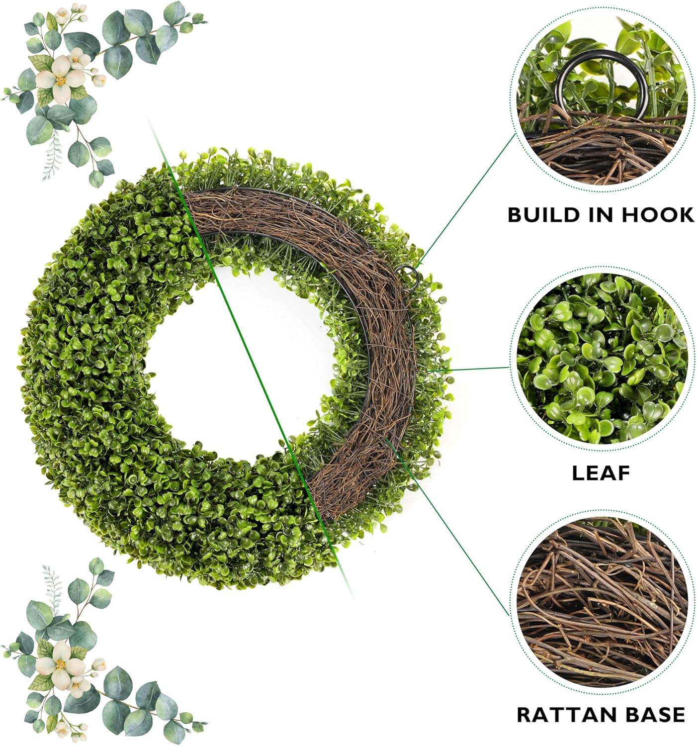 Boxwood Wreath - 20inch Outdoor/Indoor All Seasons Decor - Image 2