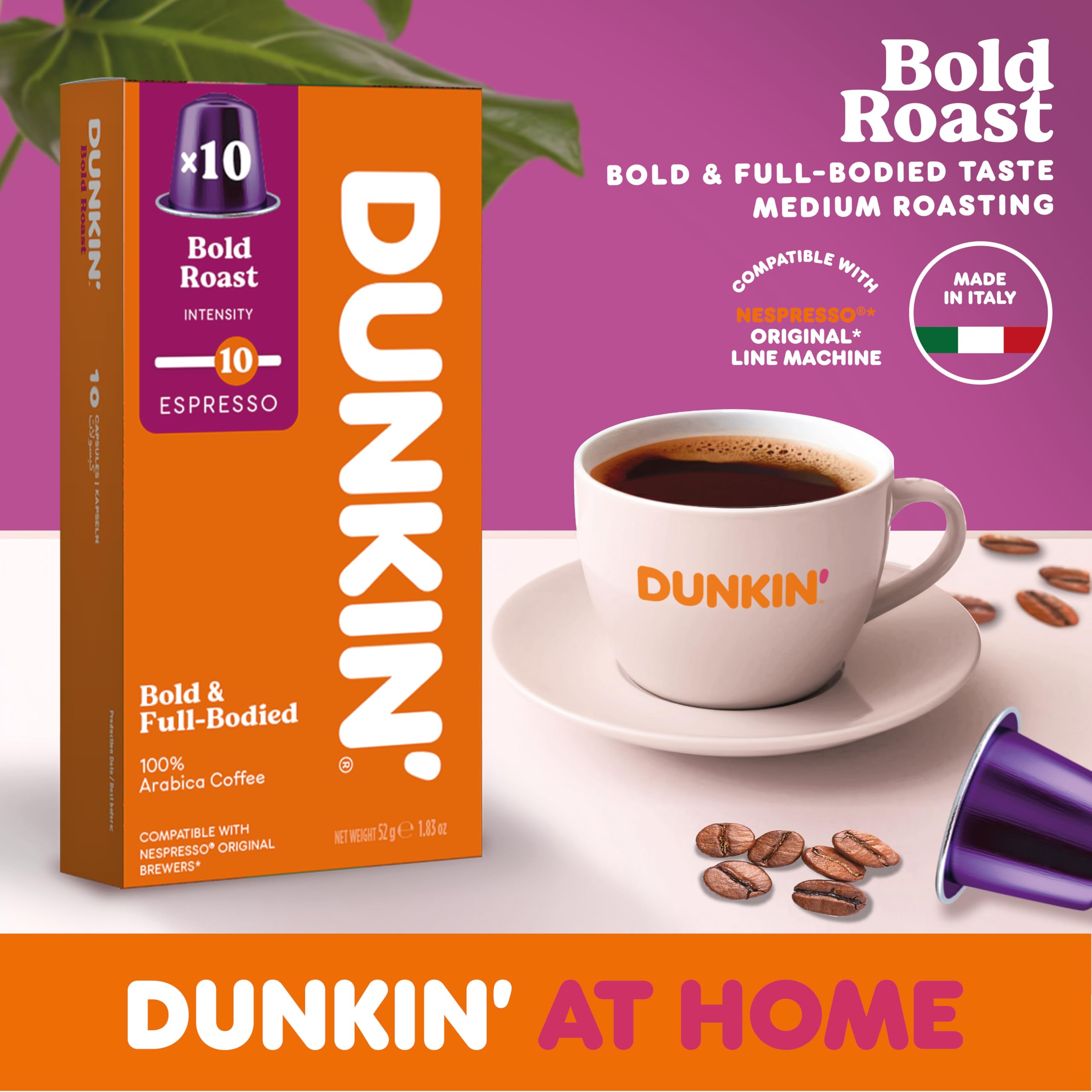 Dunkin' Donuts Bold Roast – 100 kapsułek kawy kompatybilnych z Nespresso Original Line – 100% Arabica – Mocna, ciemna palarnia – Intensywny, aromatyczny i pełny smak