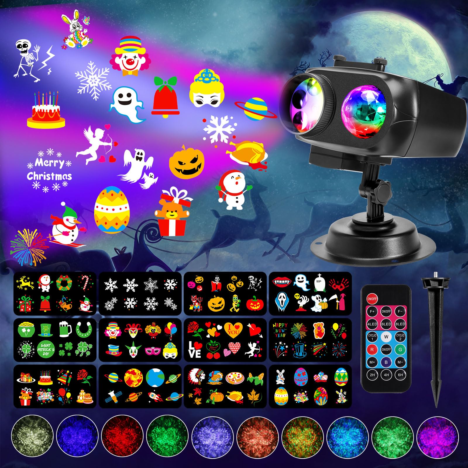 Greenclick 2024 Proyector de Navidad Halloween para Exterior Interior LED Lámpara de Proyección IP44 Lámpara de Proyección 12 Láminas 96 Patrones 10 Efecto Onda para Navidad Fiesta de Todos los Santos