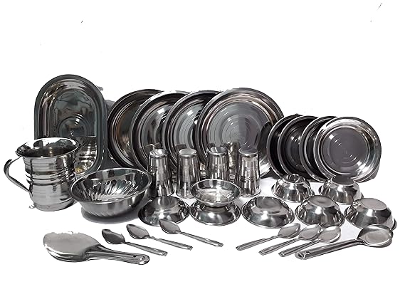 ZIGLY Stainless Steel Dinner Set (Set of 31) (Glass, Curry Bowl, Desert Bowl, Spoon, Quarter Plate and Full Plate,Jug,Tray) Good for Gift and Self Use
