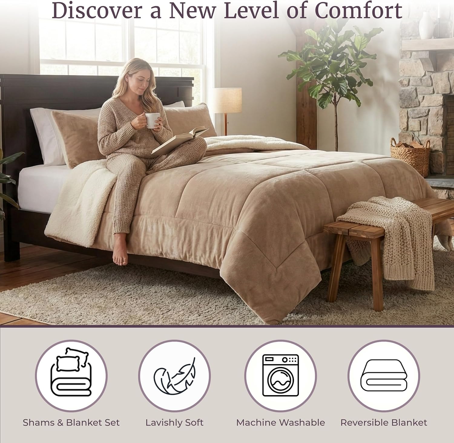 Lavish Home Full/Queen Comforter Set – 3-Piece Sherpa and Fleece Bedspread with Pillow Shams – Warm, Cozy, Machine-Washable Bedding (Taupe)