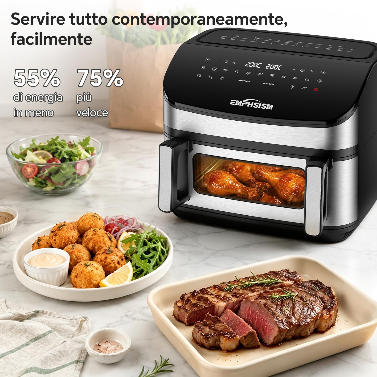 Friggitrice ad Aria 12 Litri - Doppia Resistenza Airfryer, 2600W XXL Doppio Cestello Air Fryer, Flessibile 1 o 2 Zone, 13-in-1 con Schermo Touch, Finestra con Luce Interna, Grande per 4–7 Persone
