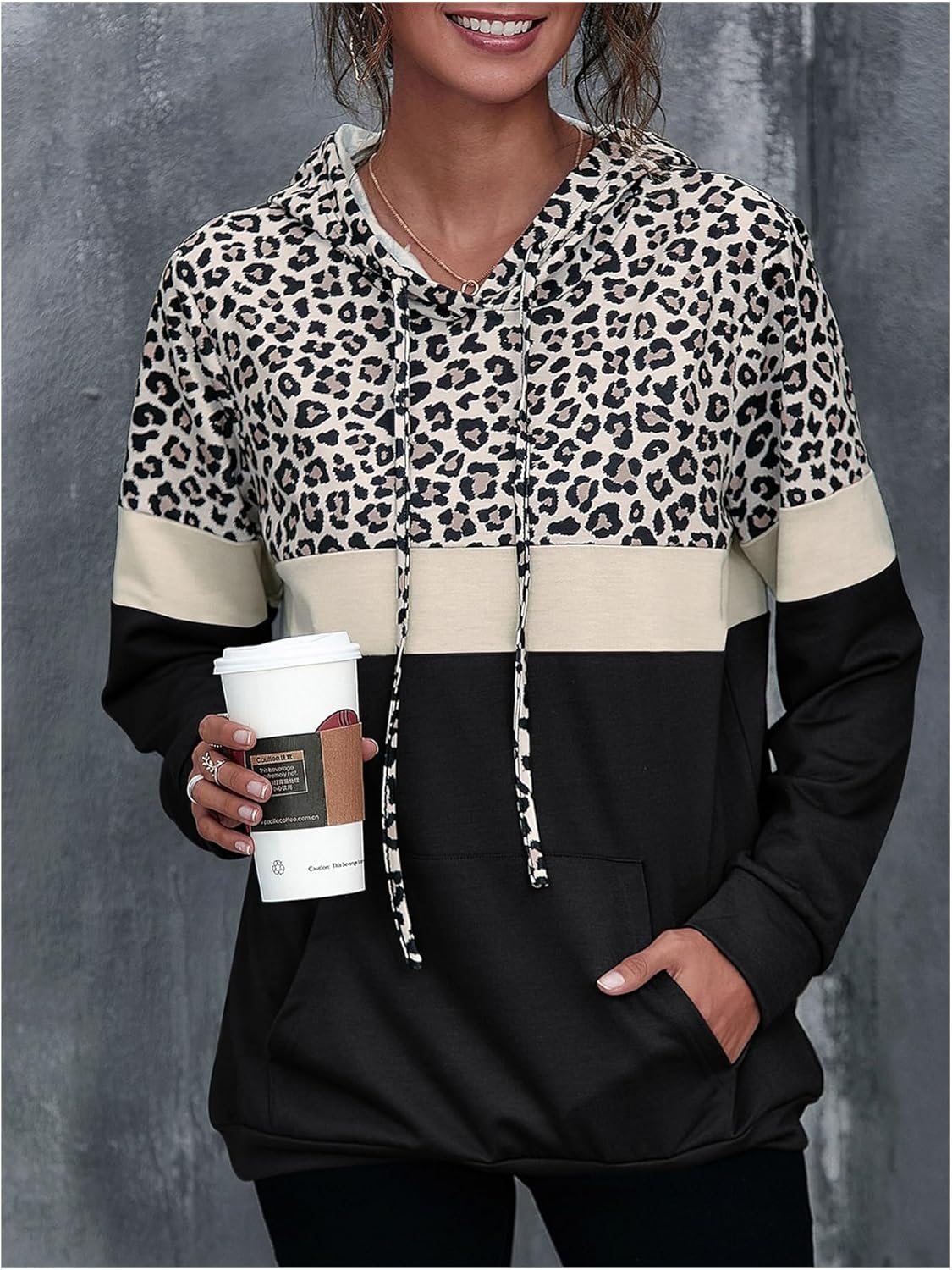 Verdusa Women's Leopard Hoodie Soft Sweatshirts Streetwear Pullover Tops Color Block Top with Pockets - Image 3
