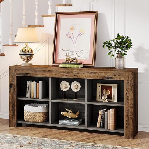 Miniatura 4 de Tribesigns Mesa consola de 63 pulgadas de largo, mesa de entrada de madera rústica con 6 cubos de almacenamiento, mesa de sofá industrial estrecha
