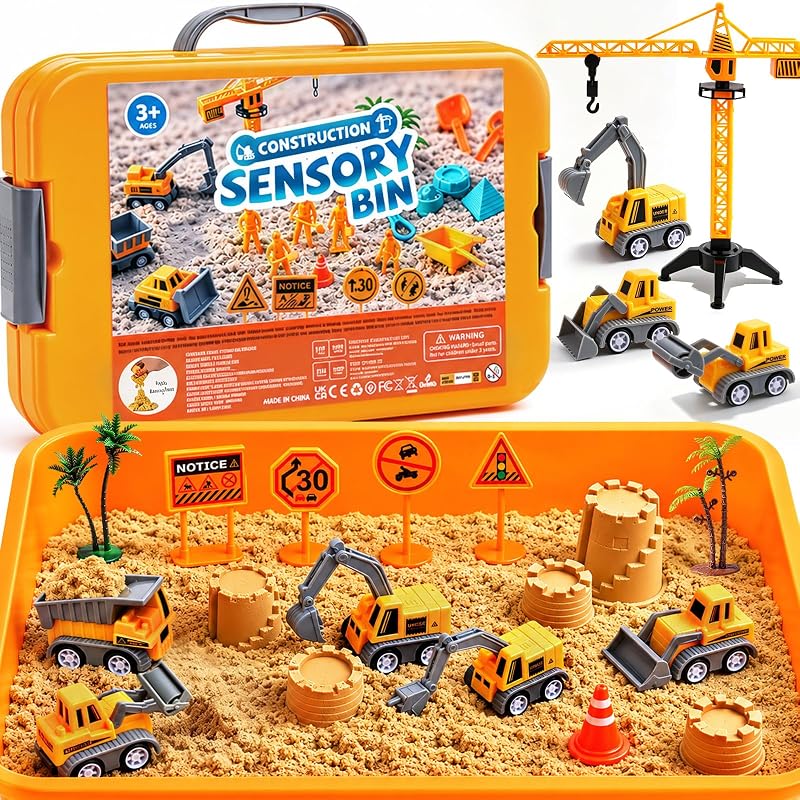 Construction Sensory Bin for Toddlers – Gifts for 3 Year Old Boys | Play Sand Building Kit Sandbox Playset with Lid Preschool Learning Activity Toys for Girls Ages 3‑5