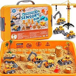 Construction Sensory Bin for Toddlers – Gifts for 3 Year Old Boys | Play Sand Building Kit Sandbox Playset with Lid Preschool Learning Activity Toys for Girls Ages 3‑5