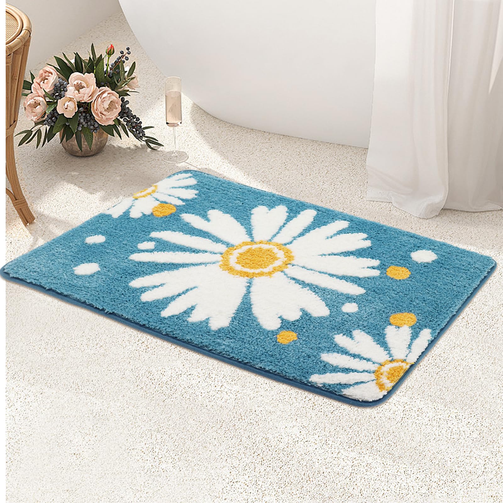EnhoptyNavy Blue Bathroom Rugs Cute Dasiy Flower Bath Mat Aesthetic Rug Floor Carpet Bath Mat Machine Washable Plush Bathroom Rug for Home Decor Bedroom Toilet Shower Room Bathtub