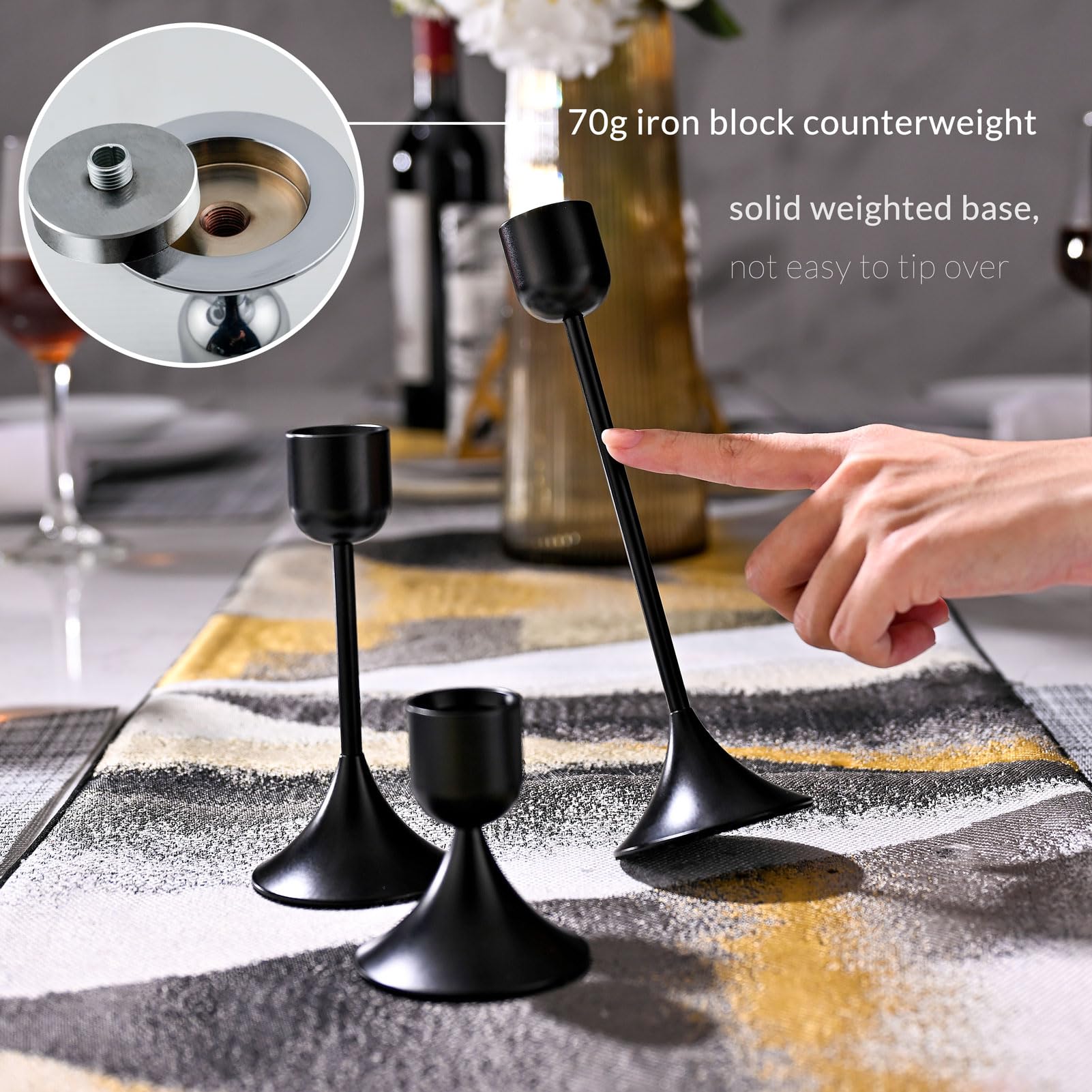 idyllictime Candle Holder Metal Heavy Base for Room Décor Christmas Decorations Party Wedding Halloween Black, 1 Set(3 Pcs) - Image 4
