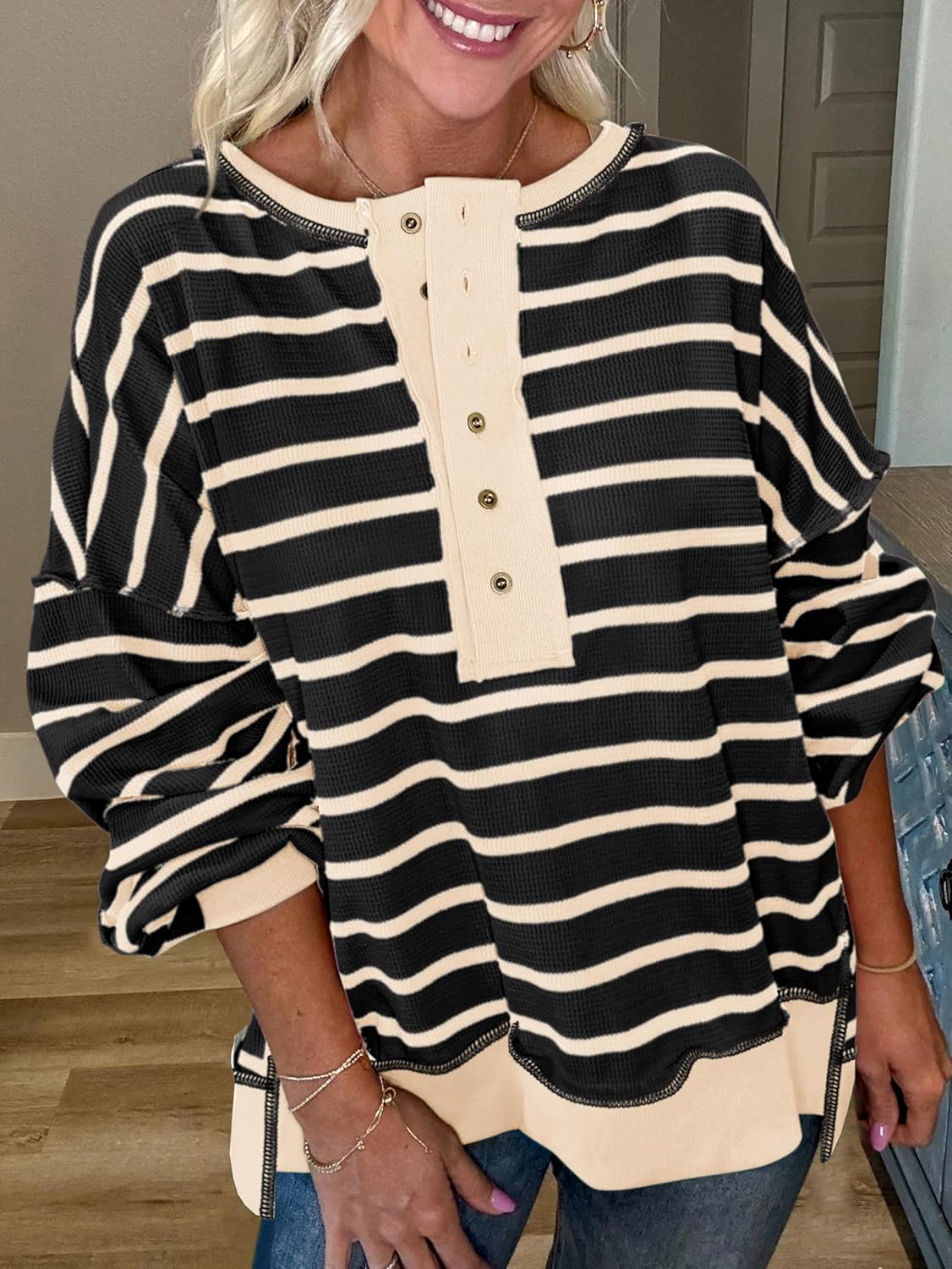 PRETTYGARDEN Womens Fall 2026 Striped Oversized Sweatshirt Long Sleeve Button Up Henley Neck Waffle Knit Pullover Tunic Tops - Image 4