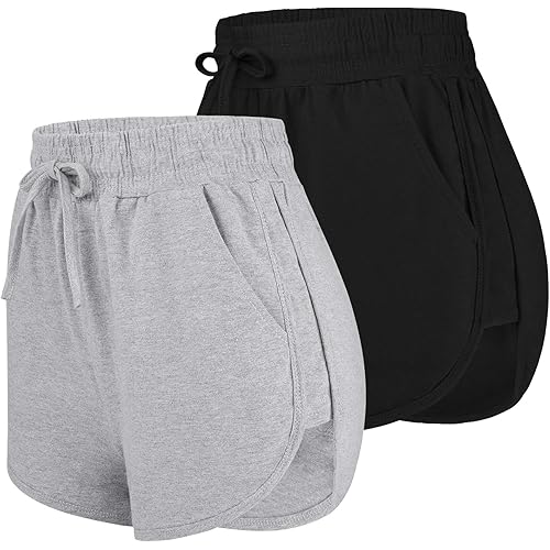 URATOT 2 Pack Cotton Yoga Short Women Summer Running Gym Sports Waistband Shorts with Pockets