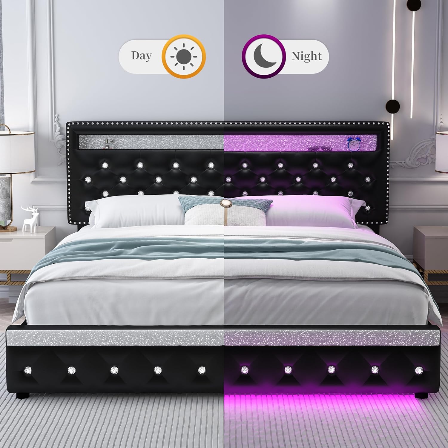 Queen Led Bed Frame with 2 Drawers, Heavy Duty Upholstered Platform Bed Frames Queen Size with Storage and Adjustable Crystal Button Tufted Headboard, No Box Spring Needed, Easy Assembly, PU Black