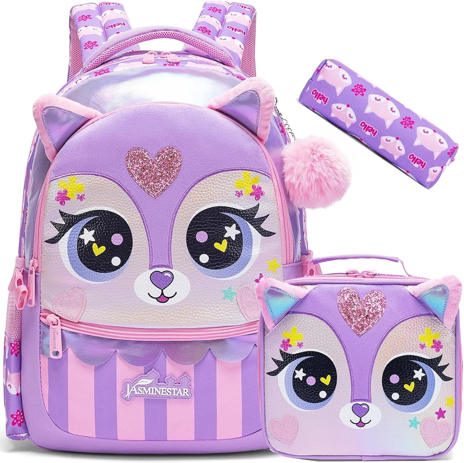 3PCS Girls Backpack Set with Lunch Box and Pencil Bag Cute Animal Print School Bag for Kids Lightweight Bookbag for Primary Student Back to School Essentials (13716-3 Purple)