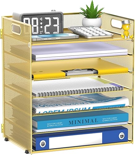 Vista 14 de Organizador de papel de 7 niveles para escritorio, bandeja de cartas con asa, organizador de archivos de escritorio de malla, organizadores