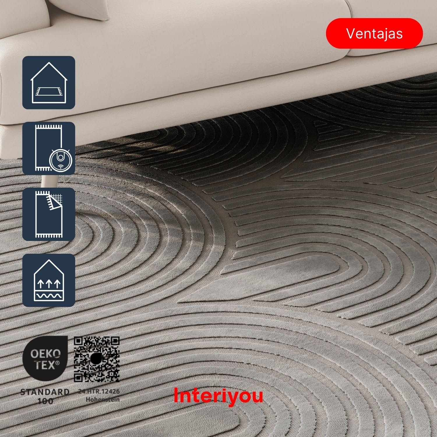 Interiyou Alfombra Salon Pelo Corto Cannes - 120x170 cm Gris - Diseño Boho escandinavo con Efecto 3D de Relieve - Plana con patrón geométrico