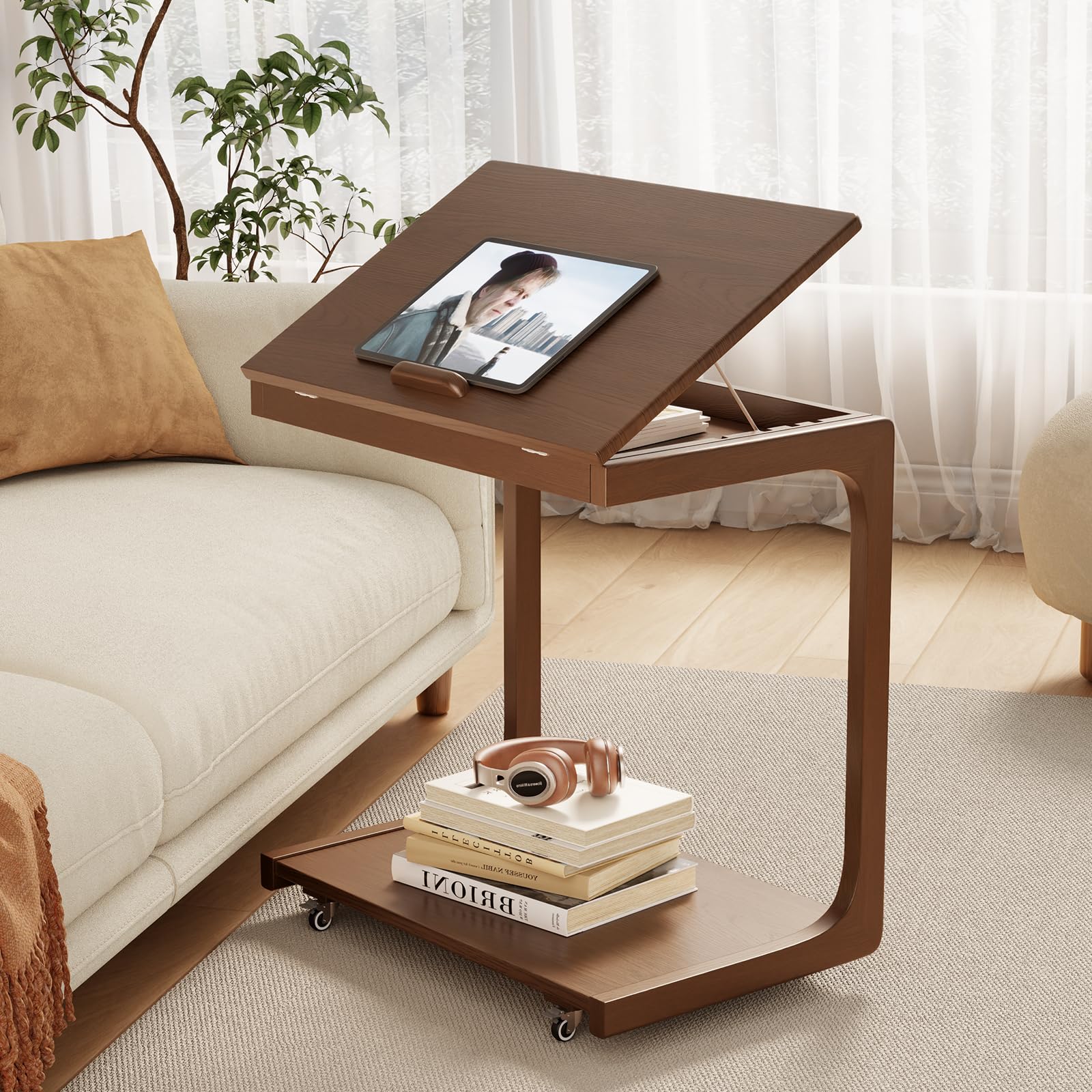 AQIMUELE C-Shaped Side Table, Wood Bedside Table, Sofa Side Table, with Wheels, End Table for Small Spaces, Coffee Table, for Living Room, Bedroom, Walnut - W60cm