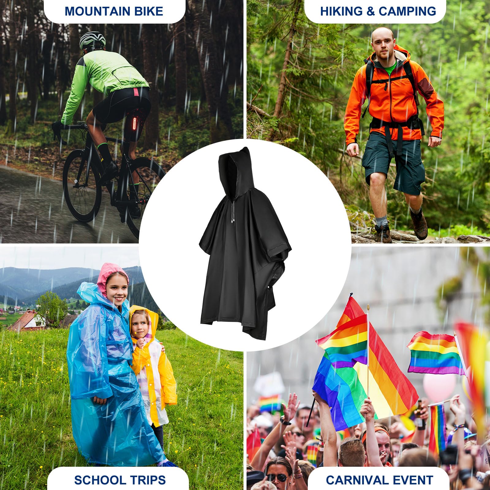 Zhehao Ponchos de lluvia negros para adultos con capucha con cordón reutilizable, impermeable, poncho de plástico grueso (20 piezas), Negro -, 0