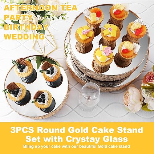 Miniatura 4 de Skylety Juego de 3 soportes redondos para tartas de boda de 10, 12 y 14 pulgadas, soporte de exhibición de postres de metal con espejo brillante,