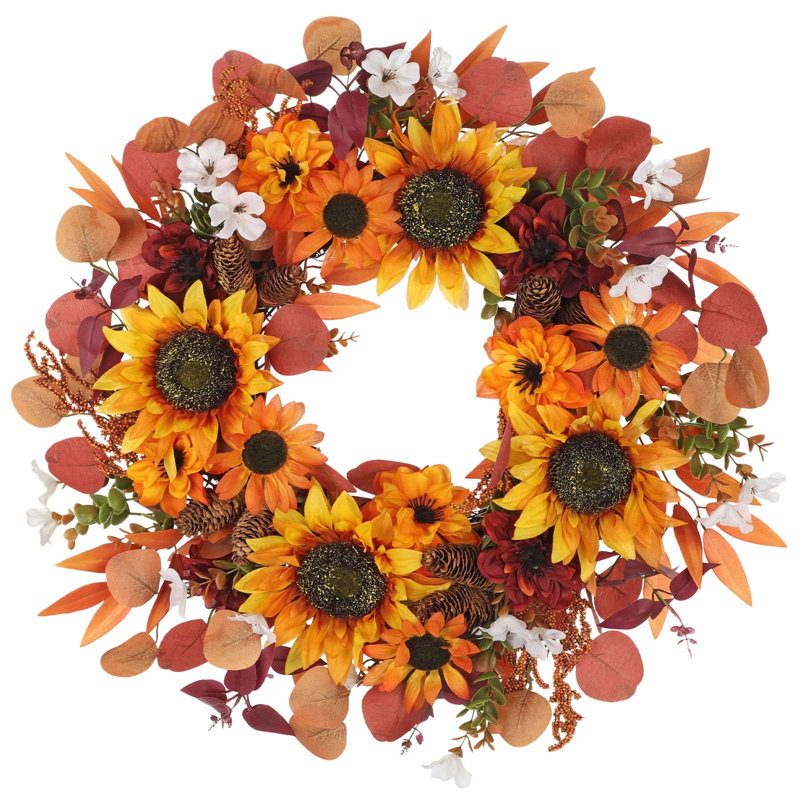 Künstlicher Herbstkranz 61 cm mit Sonnenblumen & Dahlien – Türkranz mit Eukalyptusblättern, Beeren & Zapfen – Handgemachte Herbstdeko für Tür, Wand & Innenraum