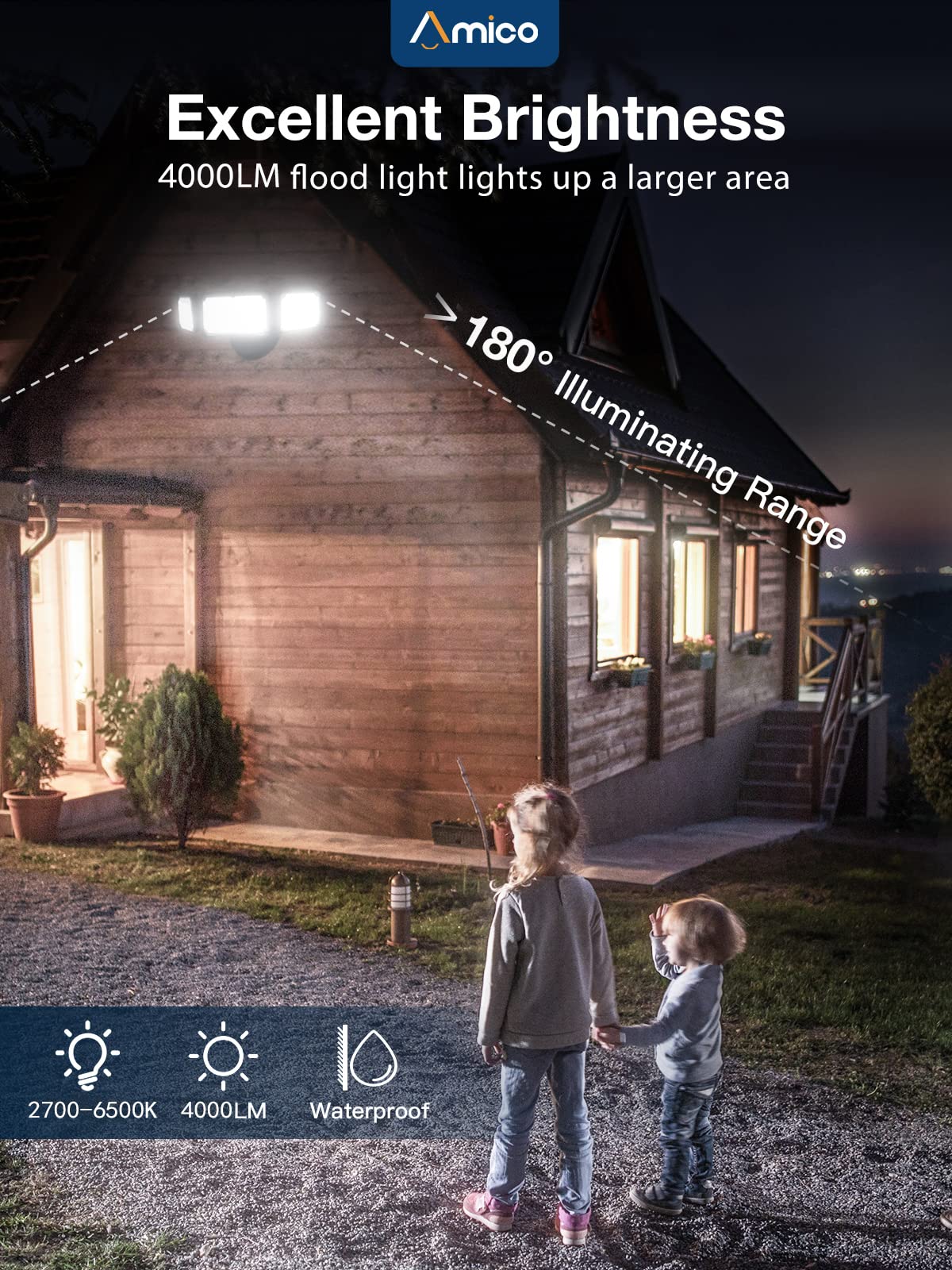 Amico LED Flood Lights Outdoor 4000LM Security Light with Remote, 40W Bright LED Flood Light, IP65 Waterproof 2700-6500K 3 Adjustable Heads for Garage, Backyard, Patio, Garden, Porch&Stair(Black)