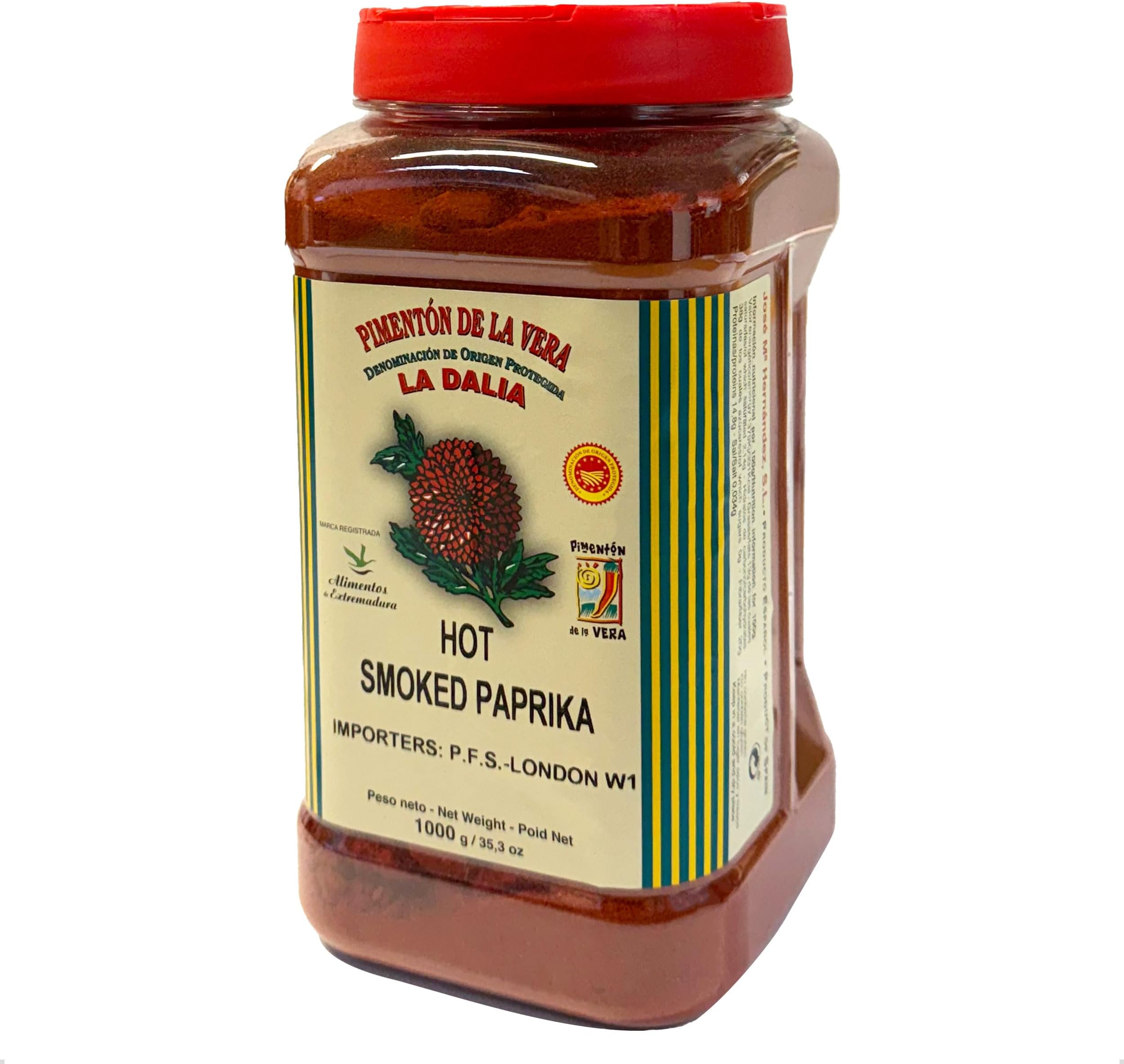 Hot Smoked Paprika Powder, Bulk 35oz Tub, Authentic Spanish Pimentón de la Vera, DOP Certified, Bold Heat and Smoky Flavor, Perfect for Food Service, Restaurants, and Cooking for a Crowd