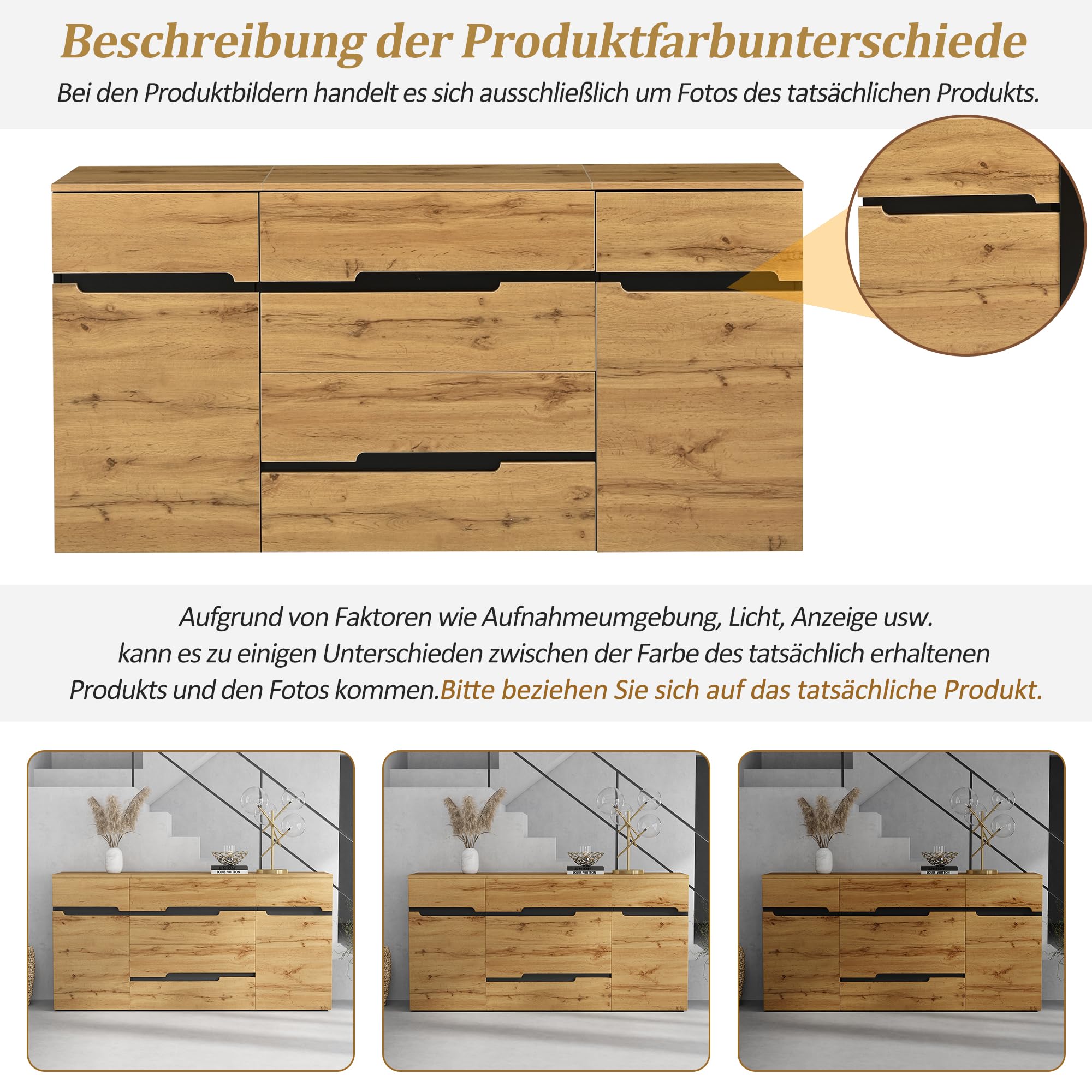Merax Aparador con 2 puertas de armario, 4 cajones, aparador de madera, armario de cocina buffet, armarios anchos sin mango, color madera + negro/160 x 40 x 80 cm