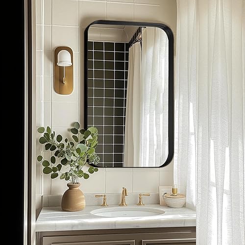 Delma Bathroom Vanity Mirror for Wall, Mirror for Bathroom Sink,35x25 Inch Black Metal Framed Mirror Wall Mounted, Hangs Horizontally or Vertically, Tempered Glass, Anti-Rust - 35x25'',Black