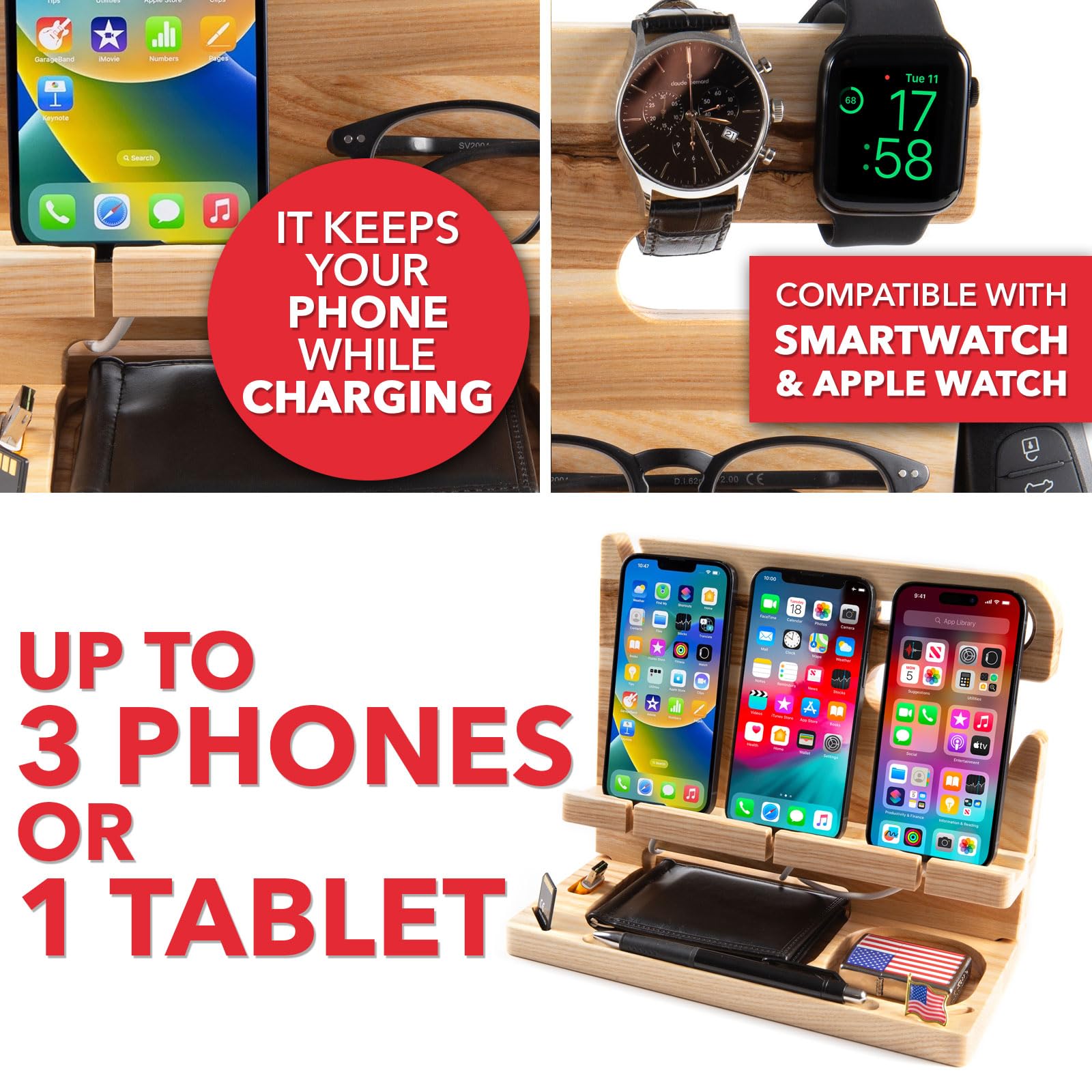 Greta Oto Station de Charge en Bois pour Téléphone Personnalisé, Tablette, Montre, Portefeuille, Organisateur Support Rangement Bureau, Table de Nuit, Cadeaux Hommes (Beige)