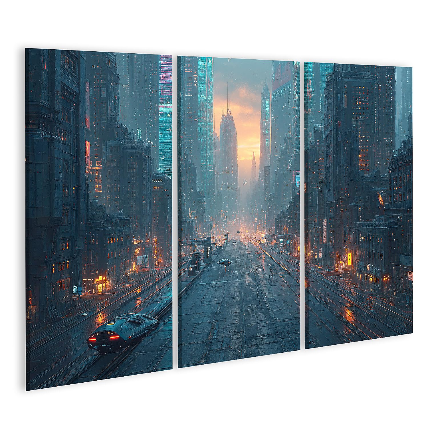 islandburner Quadro su tela Futuristico Cyberpunk Città Murale Soggiorno per gli appassionati di fantascienza - 3 pezzi