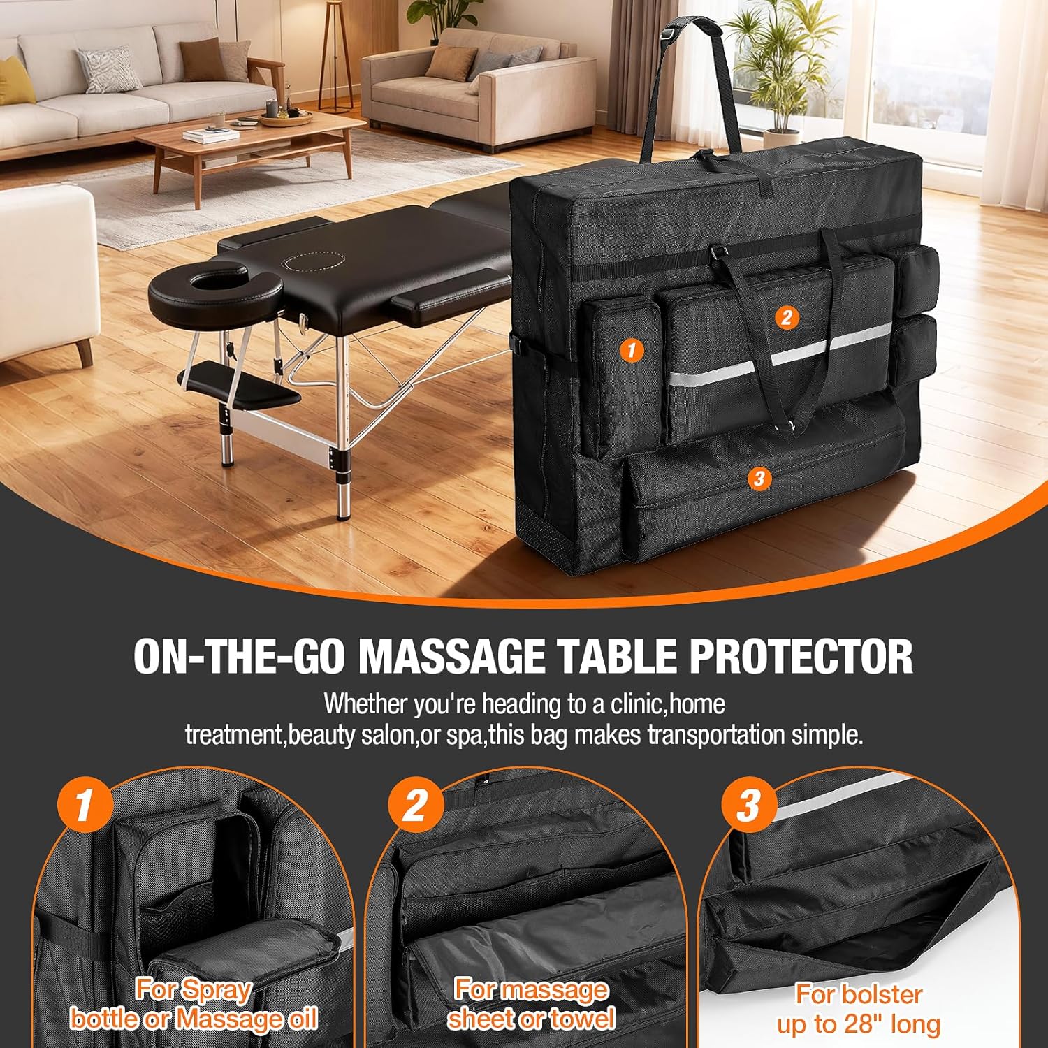 Massage Table Carrying Case,840D Portable Massage Bed Bag for Professional Therapists,Fits Wide 30” Tables,Travel Use(38"x9.5"x30.5"in,Black)