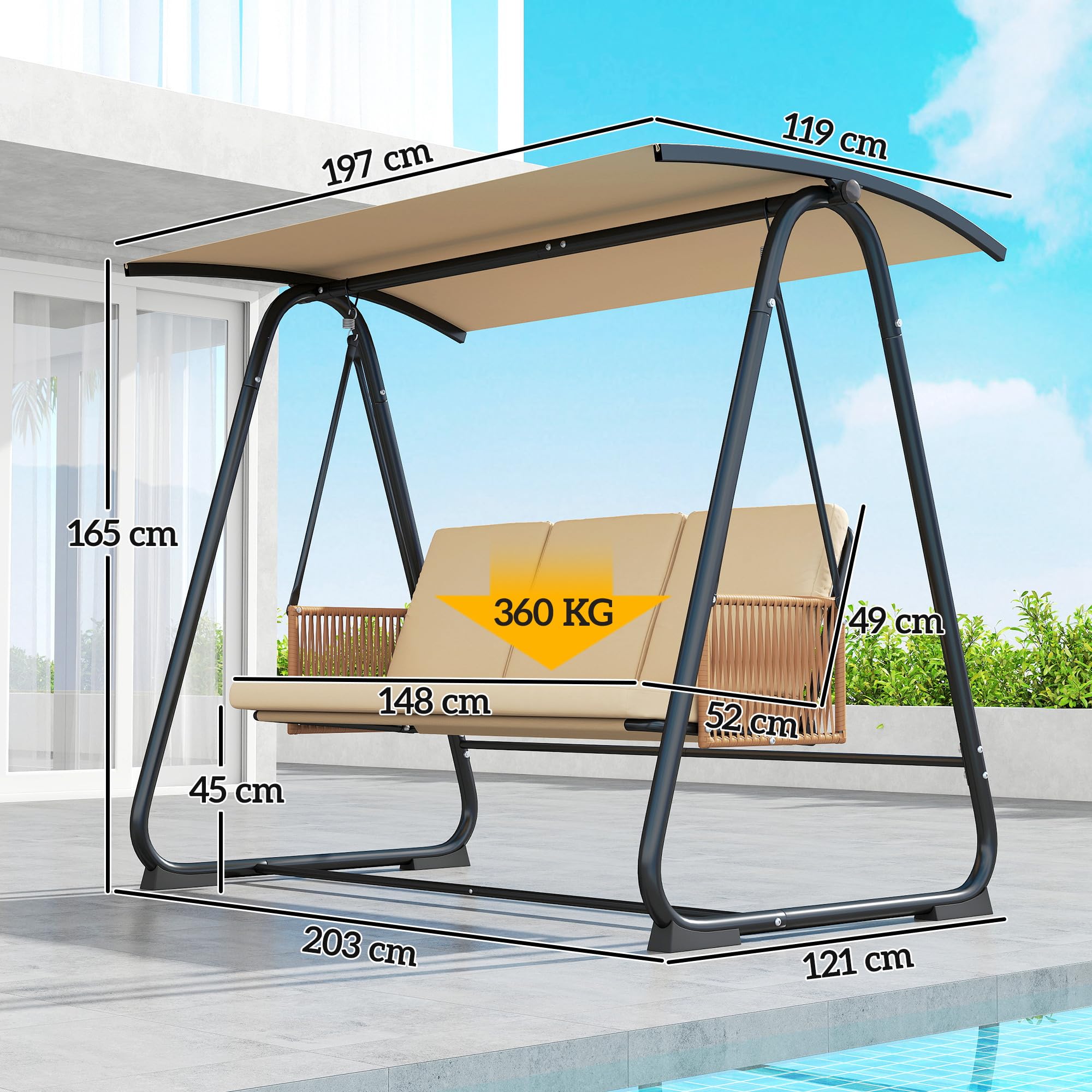 Outsunny Balancelle de Jardin 3 Places Toit Réglable UPF 30+ Acier 360kg Coussin 7cm Banc Suspendu Extérieur Terrasse Sable