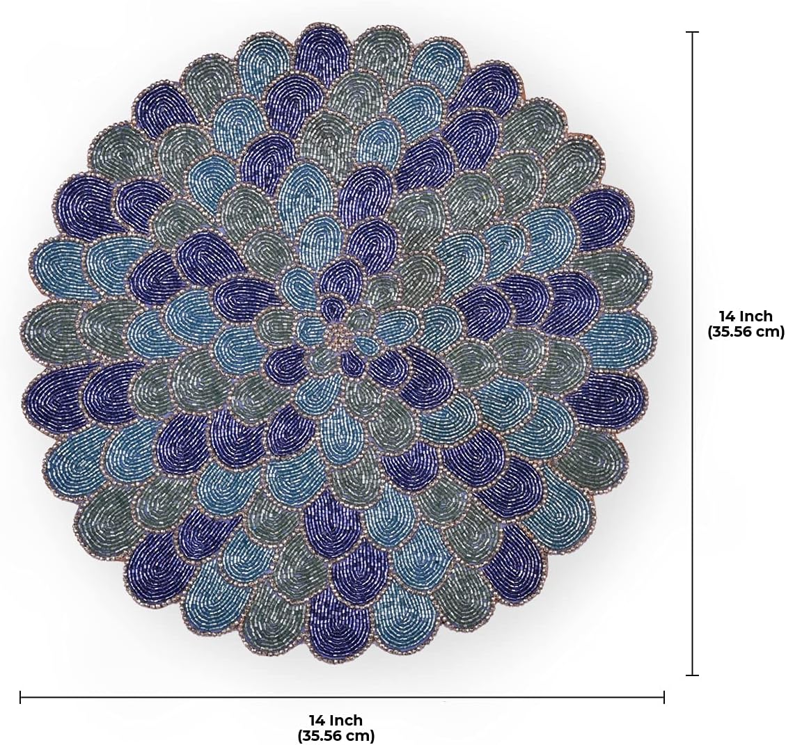 Decozen Round Placemats, Set of 8-15 Inches Charger Plates Beaded Place Mats for Mothers Day Decorations, Wedding, Kitchen, Office, Home Decor Heat Resistant Mat, Blue Green, Christmas Placemats