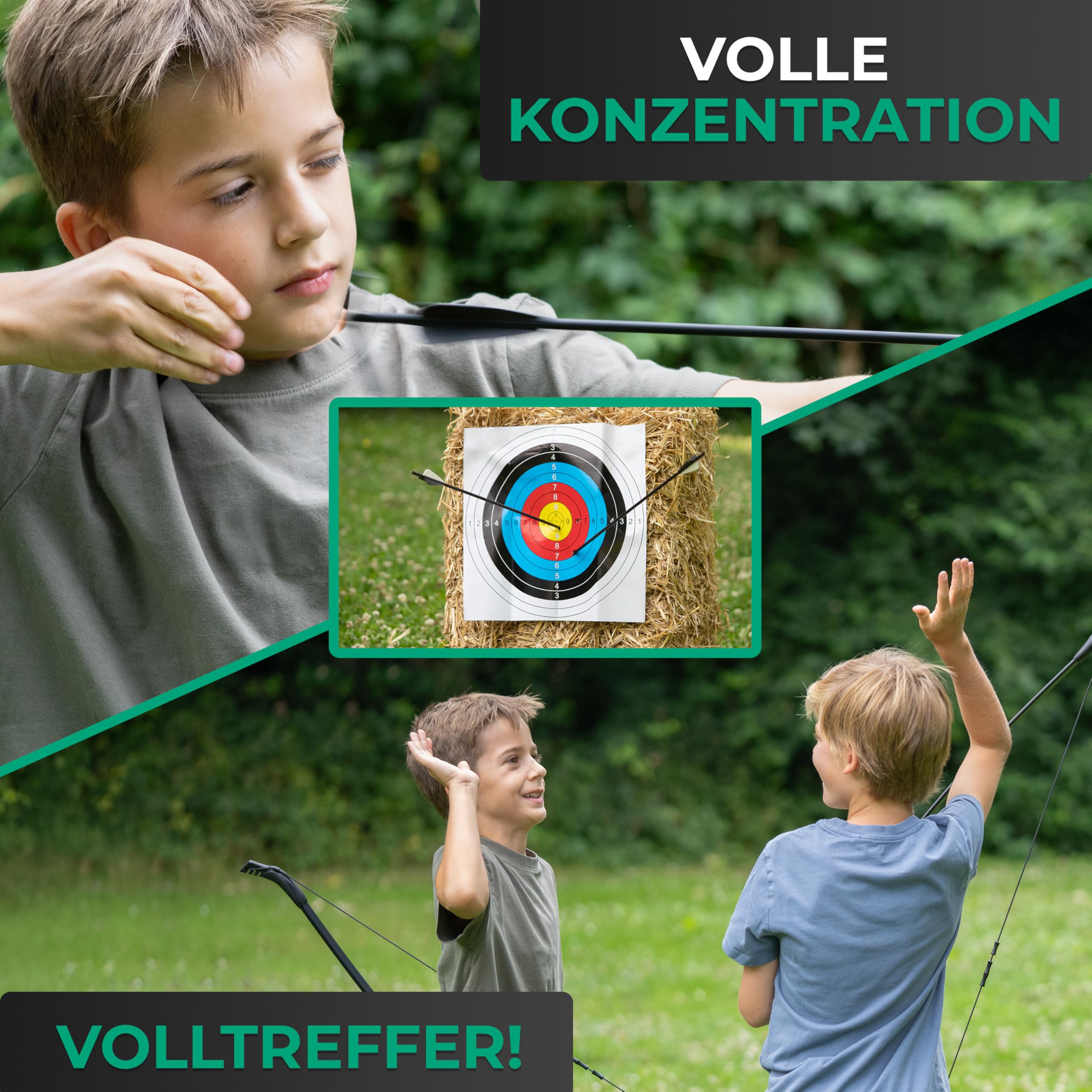 BOWRILLA® Pfeil und Bogen Kinder Sportbogen Set mit Saugnapf-Pfeilen und Zielführung | 3-teiliger Takedown Recurvebogen für Rechts & Linkshänder