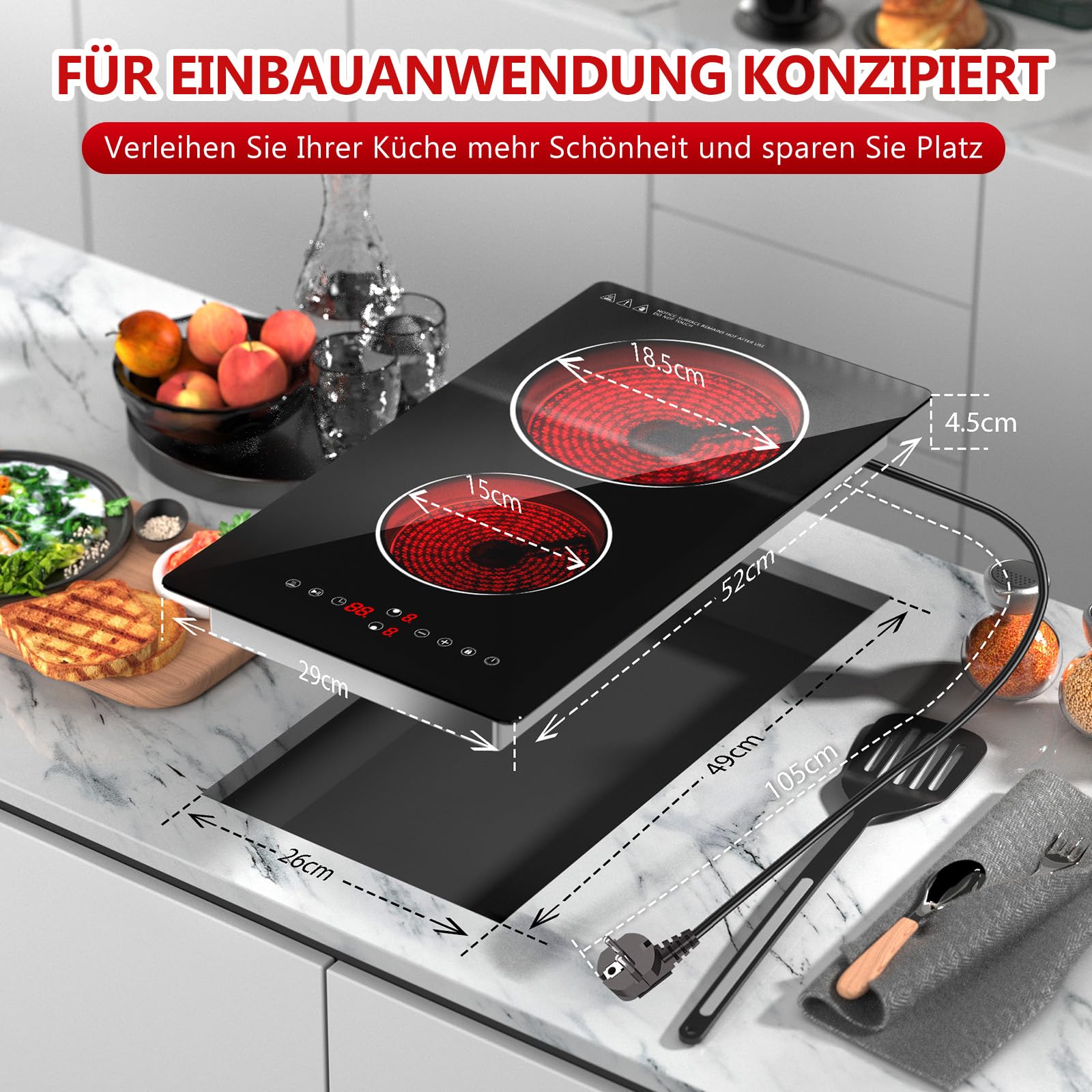Glaskeramik-Herdestelle mit 2 Brennern, 3000W Einbaubare Glaskeramik-Herdestelle mit 2 Brennern und Steckdose, 9 Leistungseinstellungen, Senioren-gedachte Tastensteuerung, Timer