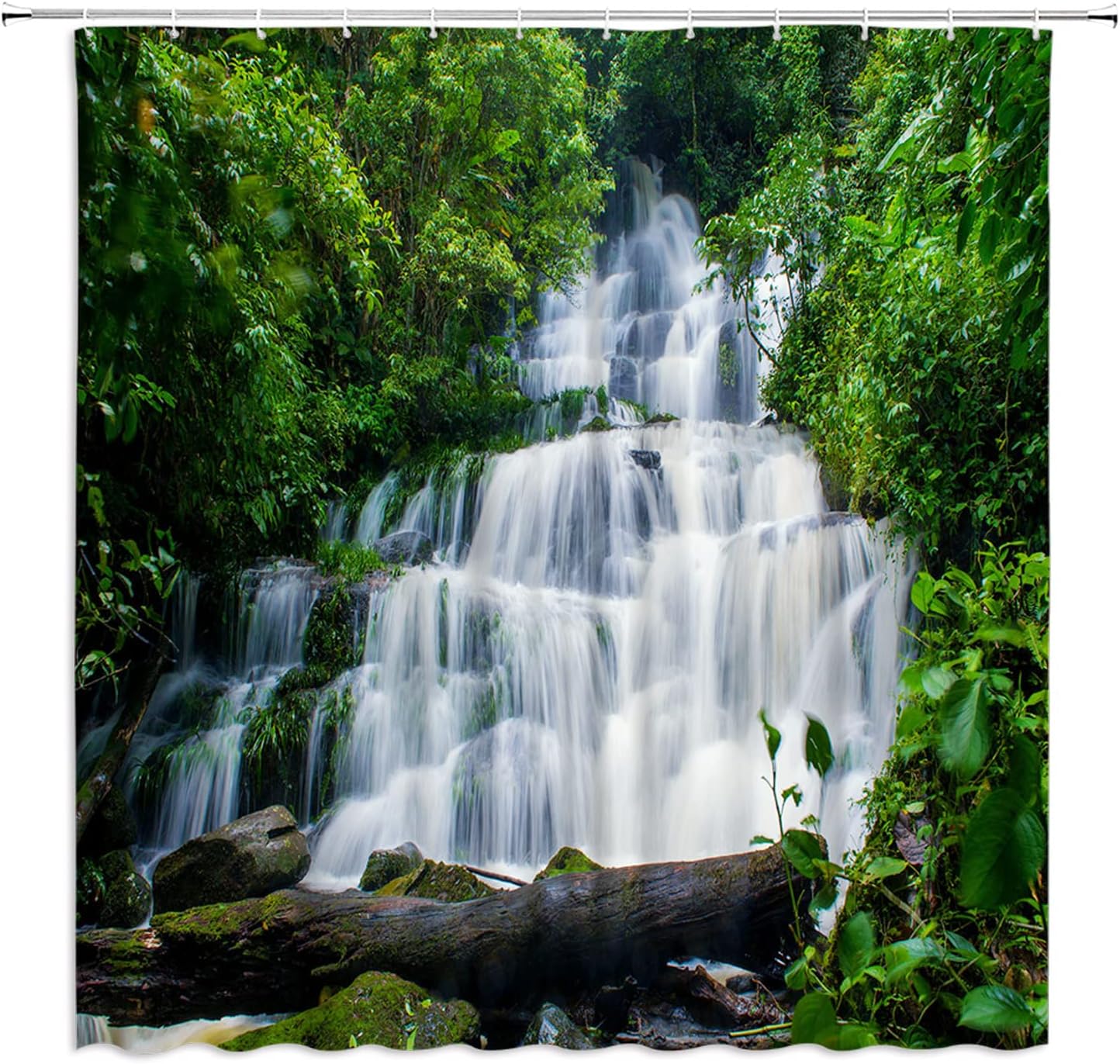 Waterfall Shower Curtain Green Forest Tree Spa Water Lake Landscape Natural Jungle Rainforest Rustic Scenery Bathroom Curtains Polyester Fabric with Hooks 90Wx70H inch