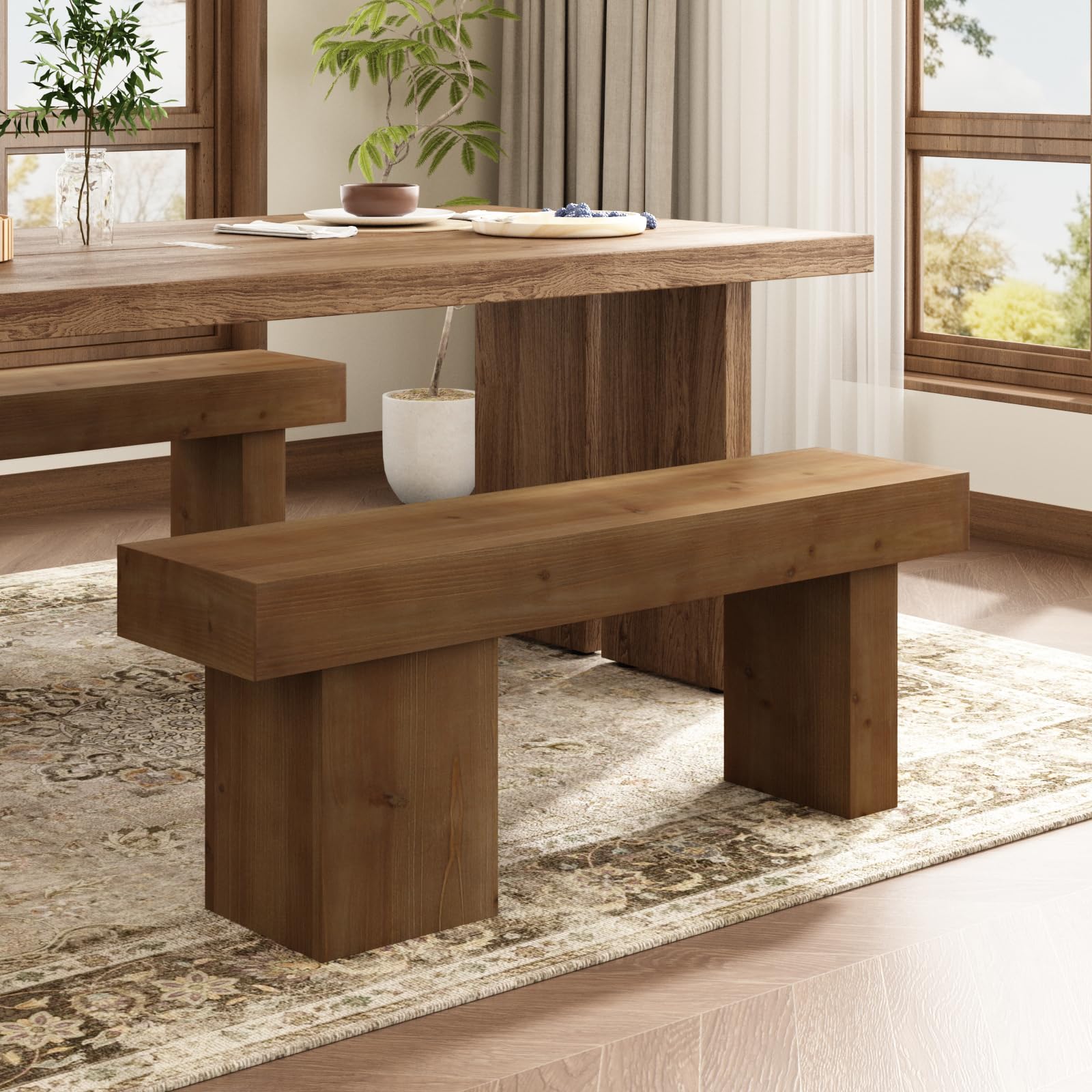 Farmhouse Solid Wood Entryway Bench, 47.3" Rustic End of Bed Bench | Thickened Hollow Legs, Handcrafted Accent Seating for Dining, Kitchen, Hallway, Living Room, Bedroom, 15 Min Assembly