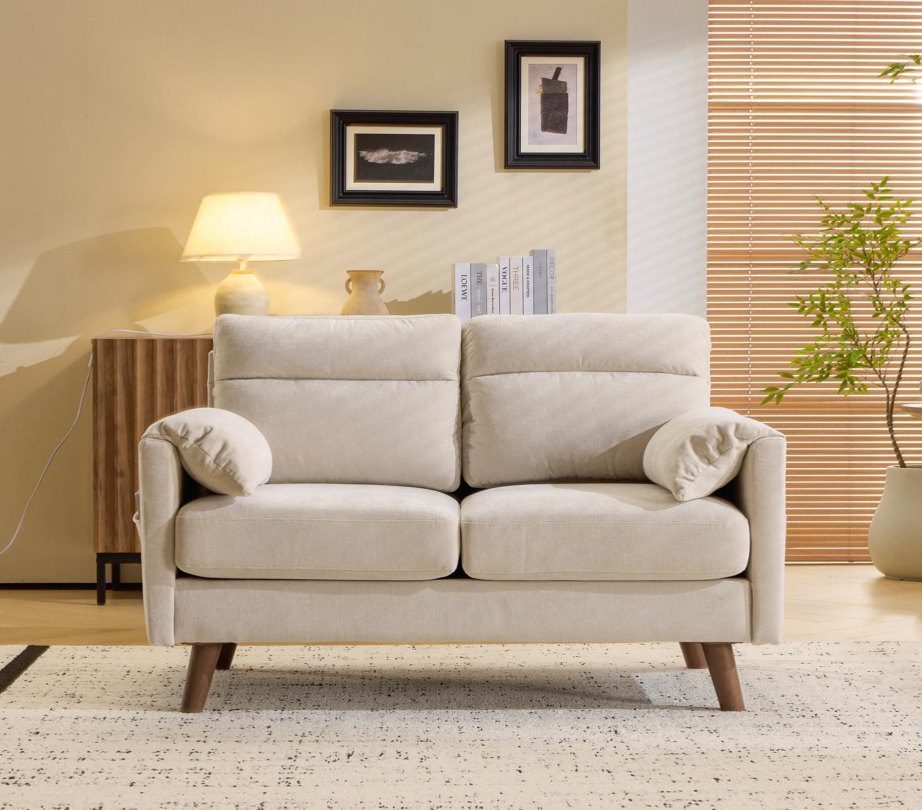 Bonnlo Divano con bracciolo per orecchie di elefante, poltrona a 2 posti, divano imbottito in lino, mobile con tasca laterale, per soggiorno, ufficio, camera da letto, 125 x 78 x 86 cm, beige