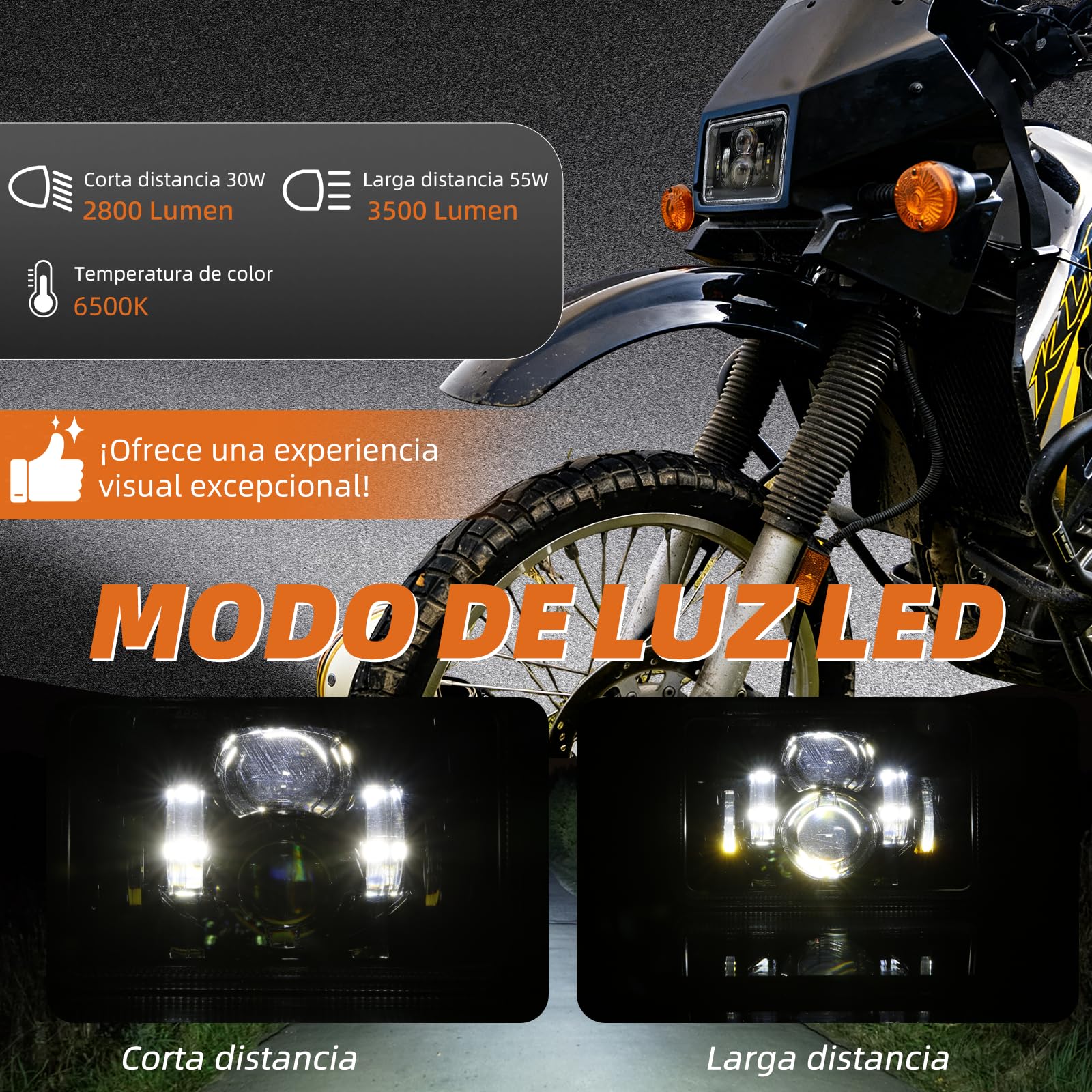 Faro LED para moto de 4x6 pulgadas, homologado E, con luz de carretera, luz de cruce y luz antiniebla, compatible con Kawasaki KMX125 200, KLR250 600 650 y Suzuki DRZ400, negro.