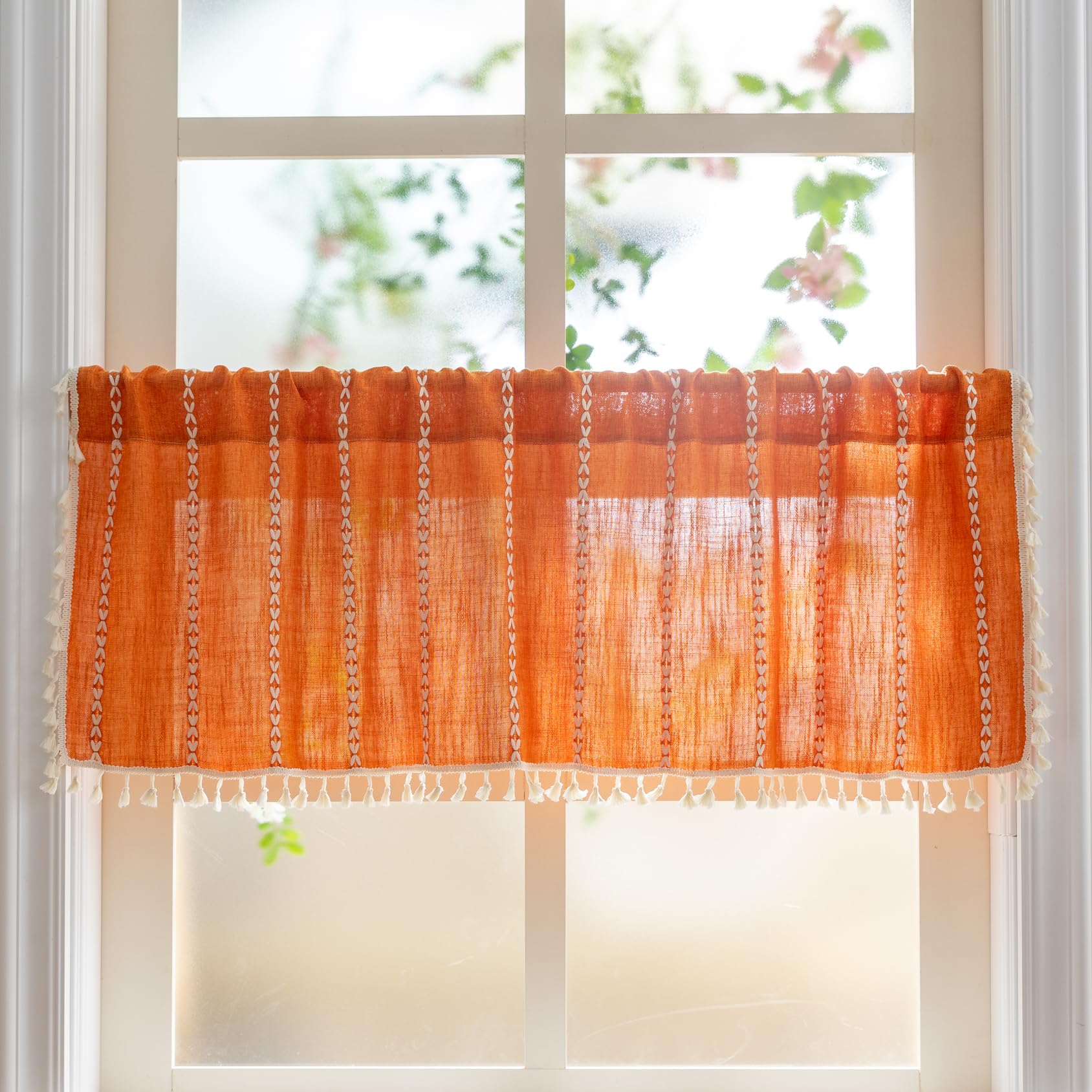 Sutuo Home Boho Kitchen Curtain Valance, Rod Pocket, 1 Panel 52in W x 18in L, Orange, Cotton Polyester Blend
