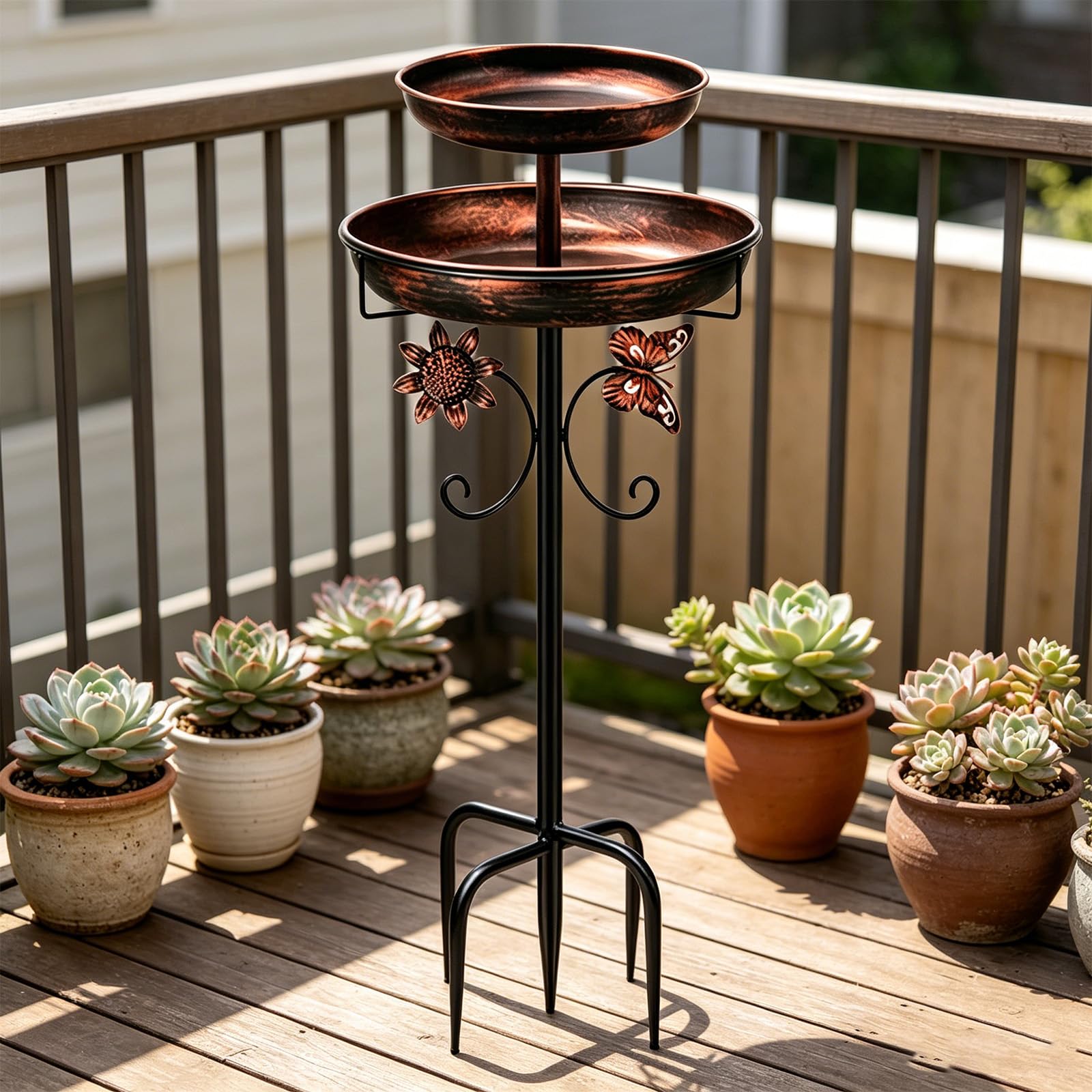 Soporte de metal para comedero de pájaros, doble función, resistente a la intemperie, fácil montaje, base estable, cuenco de metal para pájaros
