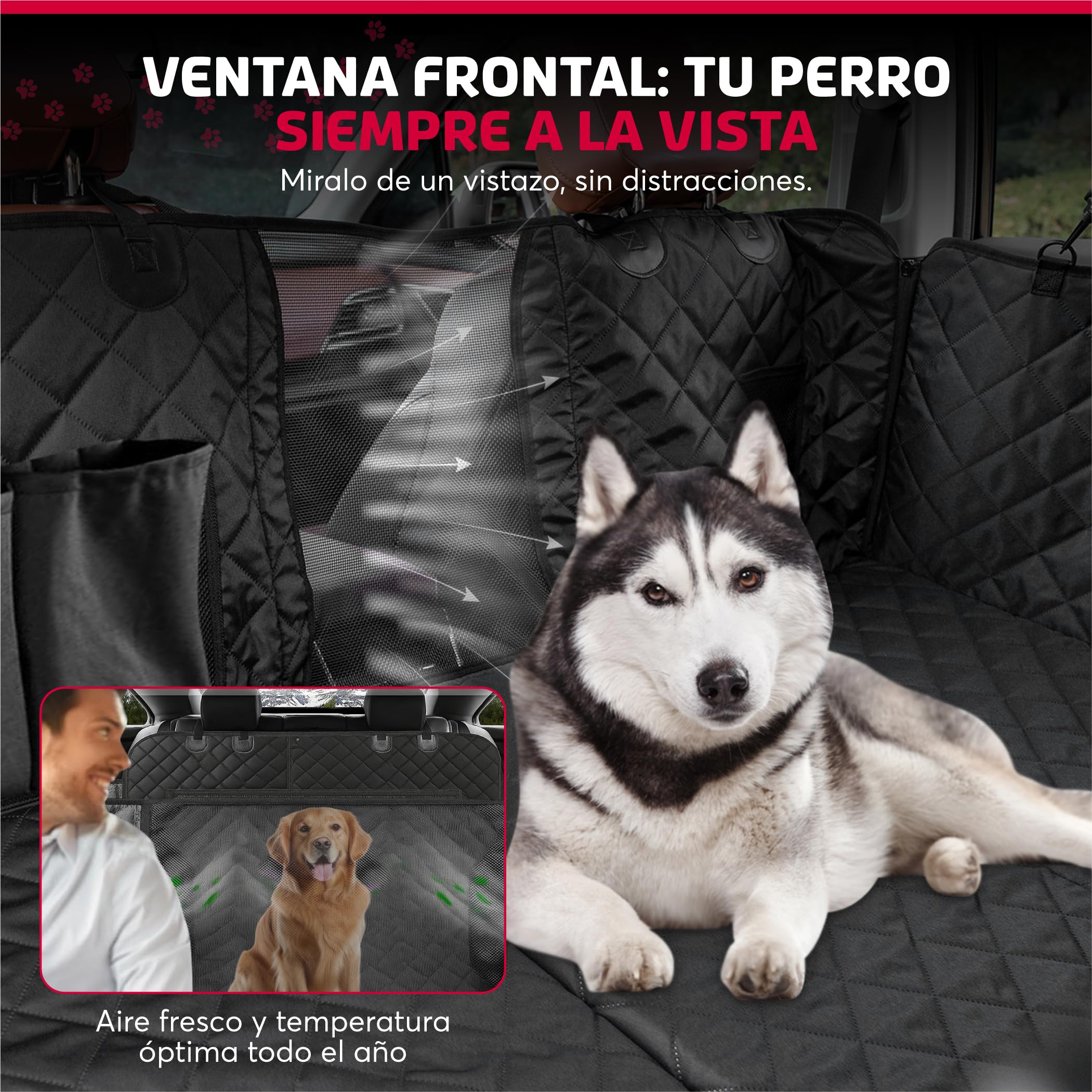 SweetSolutions© Funda Coche Perro | Protector Coche Perros Asiento Trasero | Impermeable y Resistente | Cubre Asientos Protector | Ventana de Malla Visible y Cremallera | Incluye Correa y Guante |