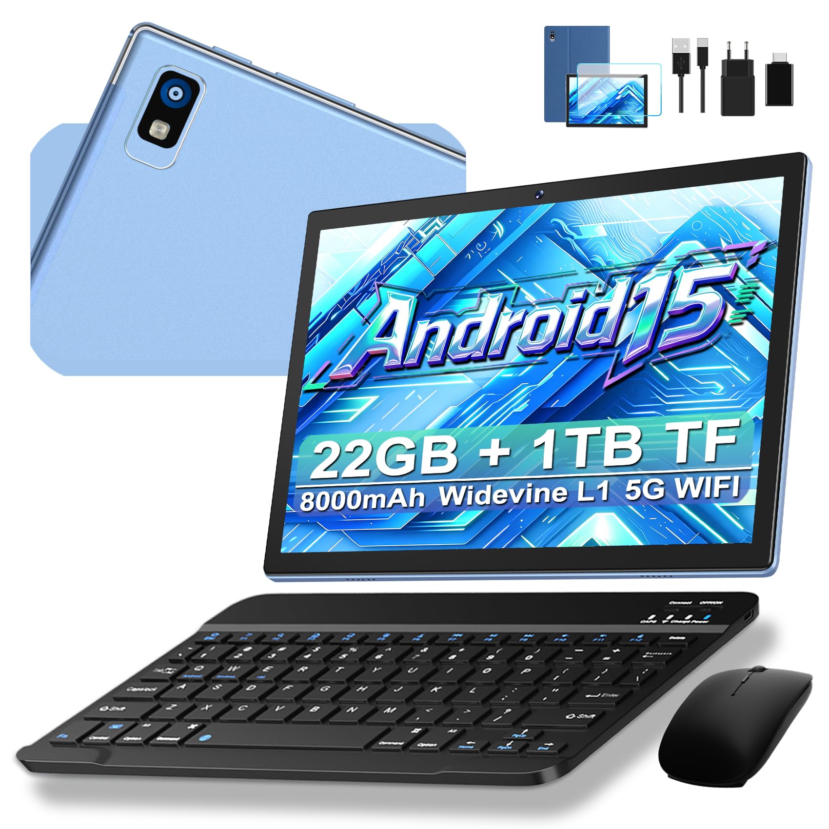 Tablet 10 Zoll Android 15 mit 22GB+128GB (1TB TF), Widevine L1 - Blau